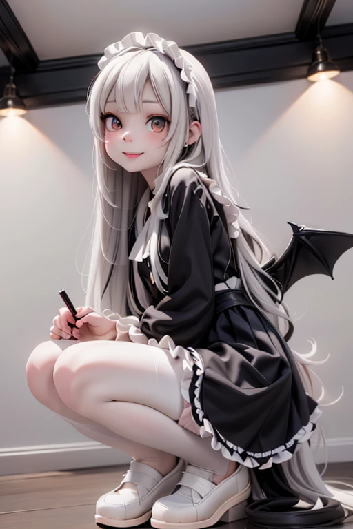 masterpiece, best quality, a cute girl smiling, long _hair, (white skin:1.6), jewelry, dark_hair, red_eyes, red smokey eyes makeup, lace cloth dress, short_skirt, earrings, big_black_bat_wings, goat _horn_on_head, choke, (white pantyhose), ((white shoes)), ((patent leather)) (ta mary janes), laying, from below, footwear focus, (((clothes tug)))