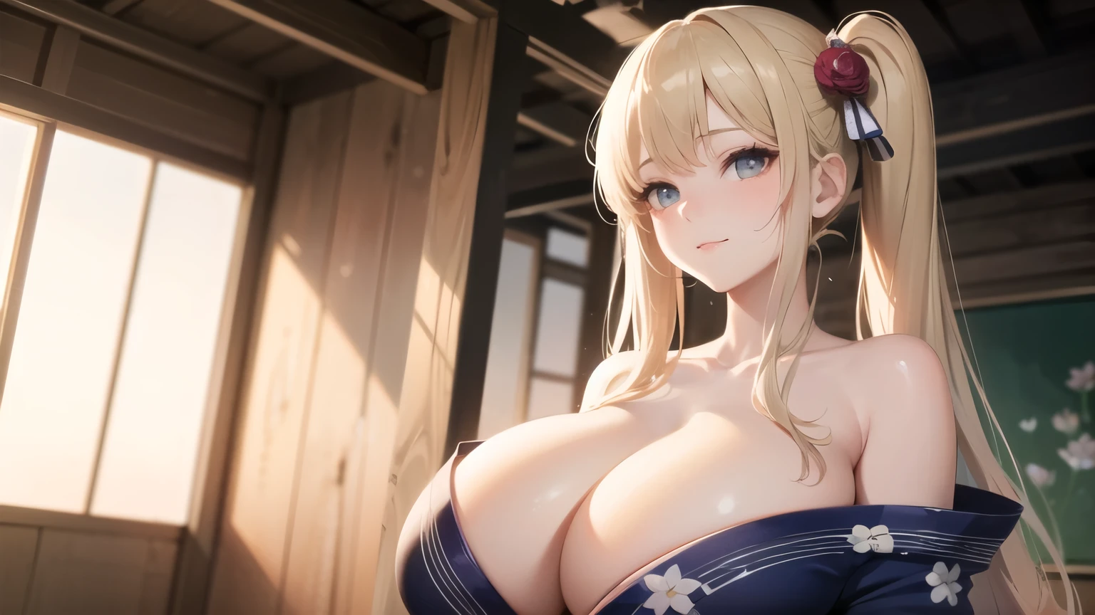 (((masterpiece, best quality))), (((superior quality))), cute girl, ((extremely detailed girl)), ((huge breasts)), (yukata), (bare shoulders), strapless top, slight smile, twin tail blonde