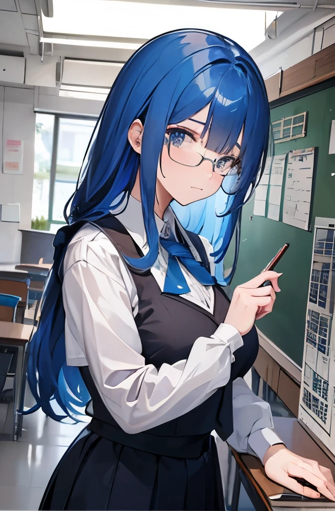 8K, highest quality, masterpiece, super detailed、bright blue hair、medium long hair、full lips、blue eyes、Looks embarrassed、、teacher、classroom、glasses、In front of the blackboard、suit
