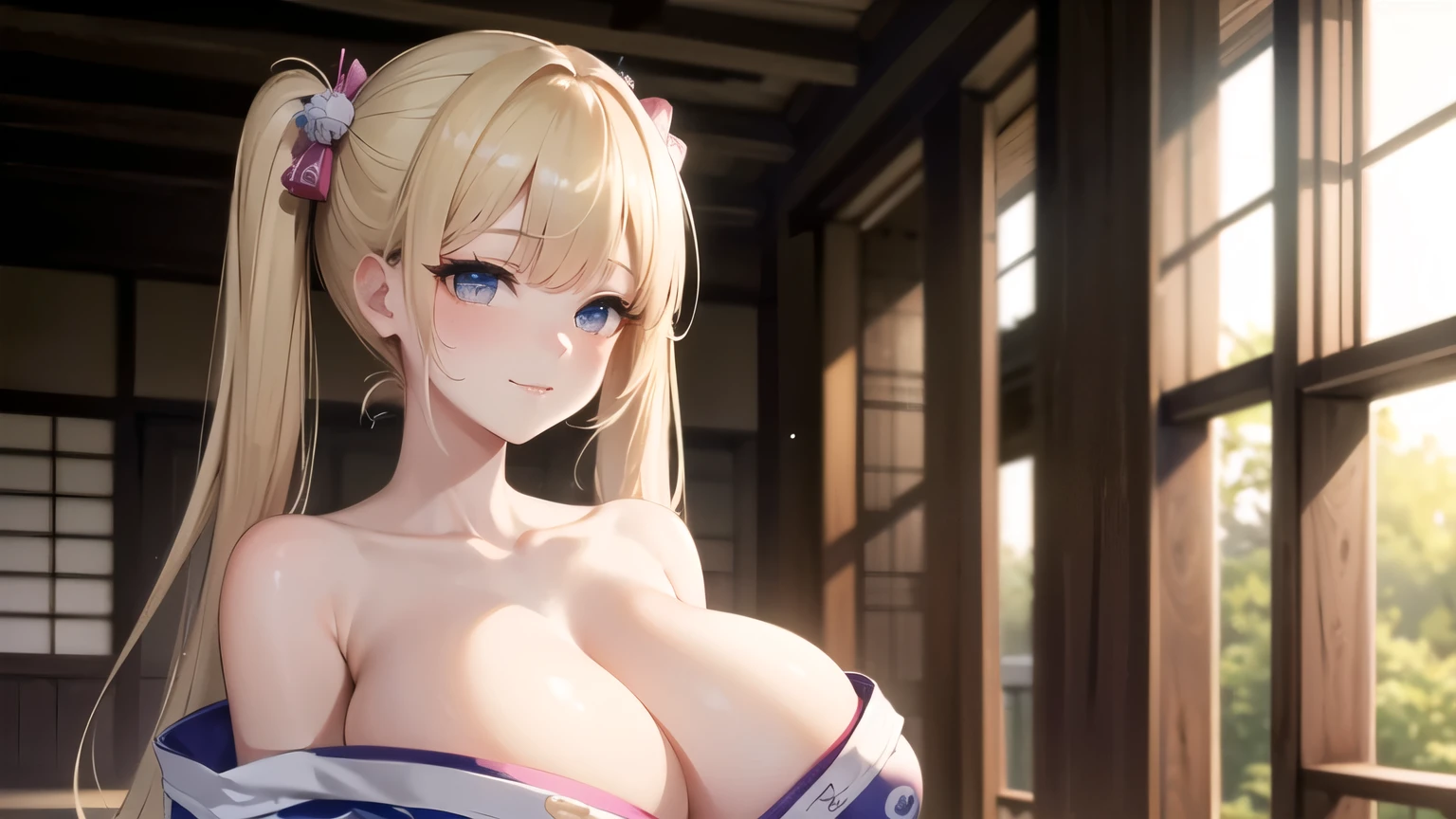 (((masterpiece, best quality))), (((superior quality))), cute girl, ((extremely detailed girl)), ((huge breasts)), (yukata), (bare shoulders), strapless top, slight smile, twin tail blonde