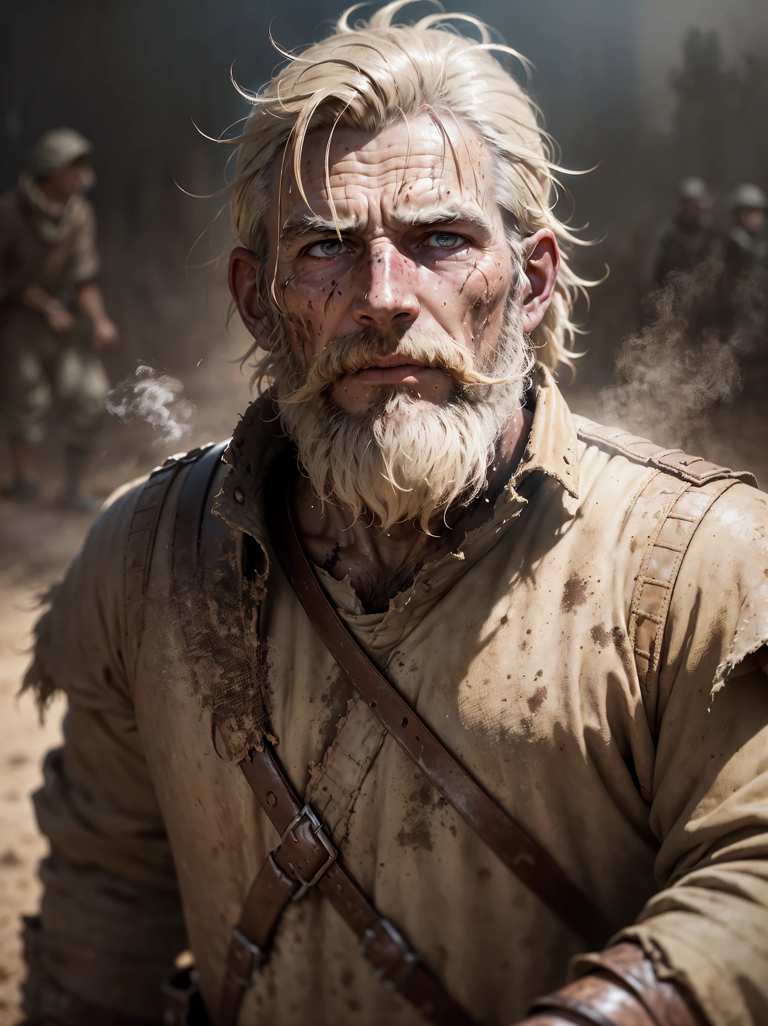 (blurred lighting,smoky atmosphere,muddy ground,strongly defined facial features,detailed sunburned skin,strong wrinkles,scruffy beard,distinctive stubble,battle-worn uniform,dusty and worn-out boots,subtle highlights and shadows,muted color palette)