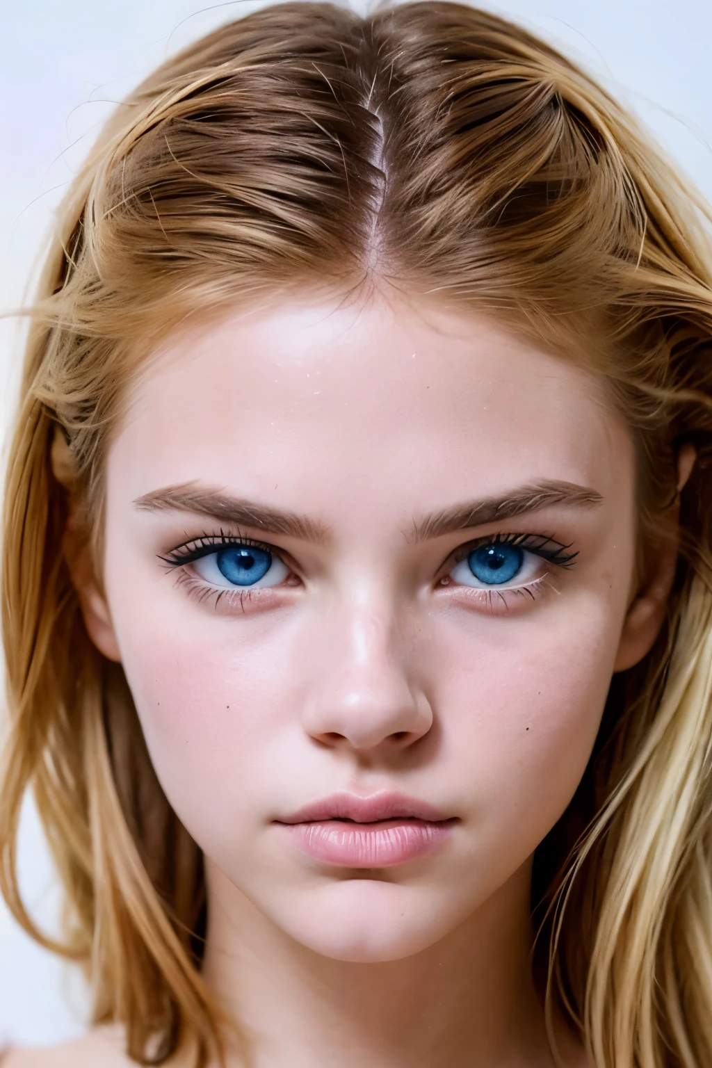 Close-up on the face of a perfect and beautiful individual in front of a white wall, em um fundo igualmente branco. O cabelo loiro, sedoso e solto, cai sobre um olho. Vibrant blue eyes are closed, but the facial expression conveys sadness and intense anger, with visible hatred in his eyes. The face has flawless white skin, pink lips, nariz e queixo finos. A pessoa veste uma camiseta branca sem mangas, highlighting the seriousness of the expression. The contrast between physical perfection and intense emotionality creates a captivating and intriguing image.