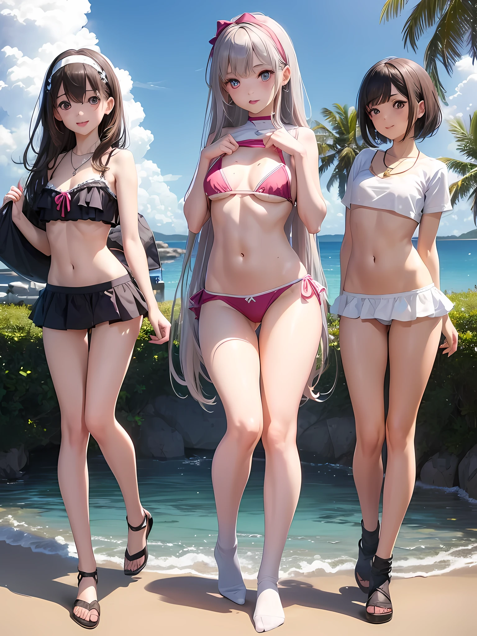 ((highest quality)), ((masterpiece)),(Noble), (elegant), (cute), (3 girls:1.8), three girls are posing for a camera outdoors in the water, (自分のshirtをめくる), (very small bikini top),The wind blows up my skirt,(stand in line), (Close-up shot from the knee:1.3), perfect face, smile, (open your mouth and smile:1.3), embarrassed look, (precise fingers:1.3), ray tracing, bubble butt, round little butt, bend over, hair band, head band, hair bobble, blouse, shirt, I can see your underwear, I can see the shorts, (パステルwater着), high resolution eyes, accurate eyes, (high resolution eyes:1.8), (High definition finger 1.8), light smile, small chest, chest, realistic, knee socks, short skirt, Asian, Westerners, silver hair, brown hair, blonde, belly button, jewelry, looking at the viewer, necklace, water, , Wet, long hair, short hair, abs,