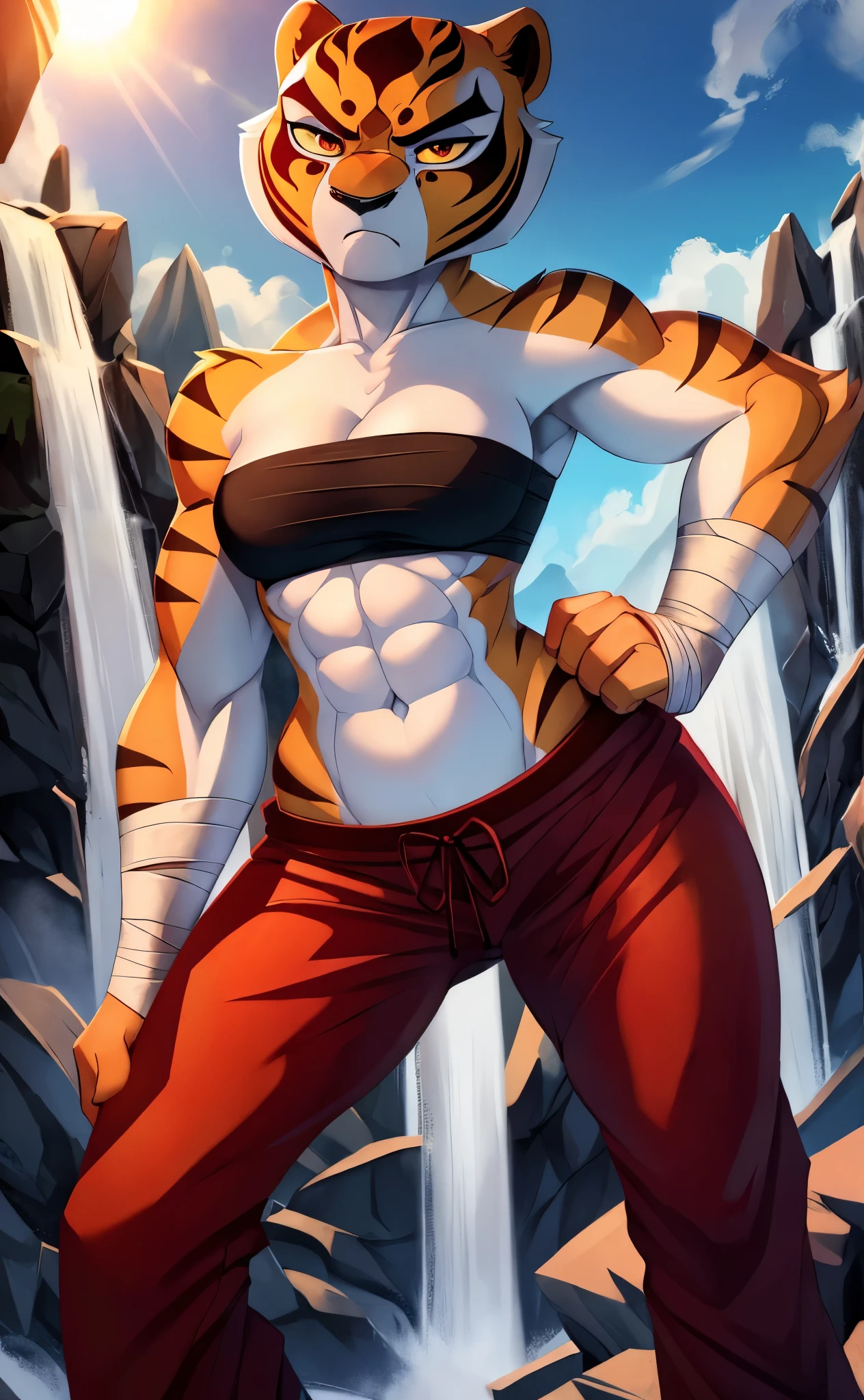 [Master Tigress], [Kung Fu Panda], ((masterpiece)), ((HD)), ((high res)), ((solo portrait)), ((full body)), ((front view)), ((furry)), ((beautiful render art)), ((soft shading)), {tigress; (slim figure), (cute eyes), (detailed red iris), (curvy hips), (defined abs), (detailed muscles), (beautiful legs), (frown), (annoyed expression)}, {(wrapped in bandages), (bandage sarashi), (cleavage), (navel), (red kung fu pants)}, {(standing), (intimidating glare), (looking at viewer)}, [Background; (mountains), (waterfall), (steam), (fog), (blue sky), (sun rays), (ambient lighting)]