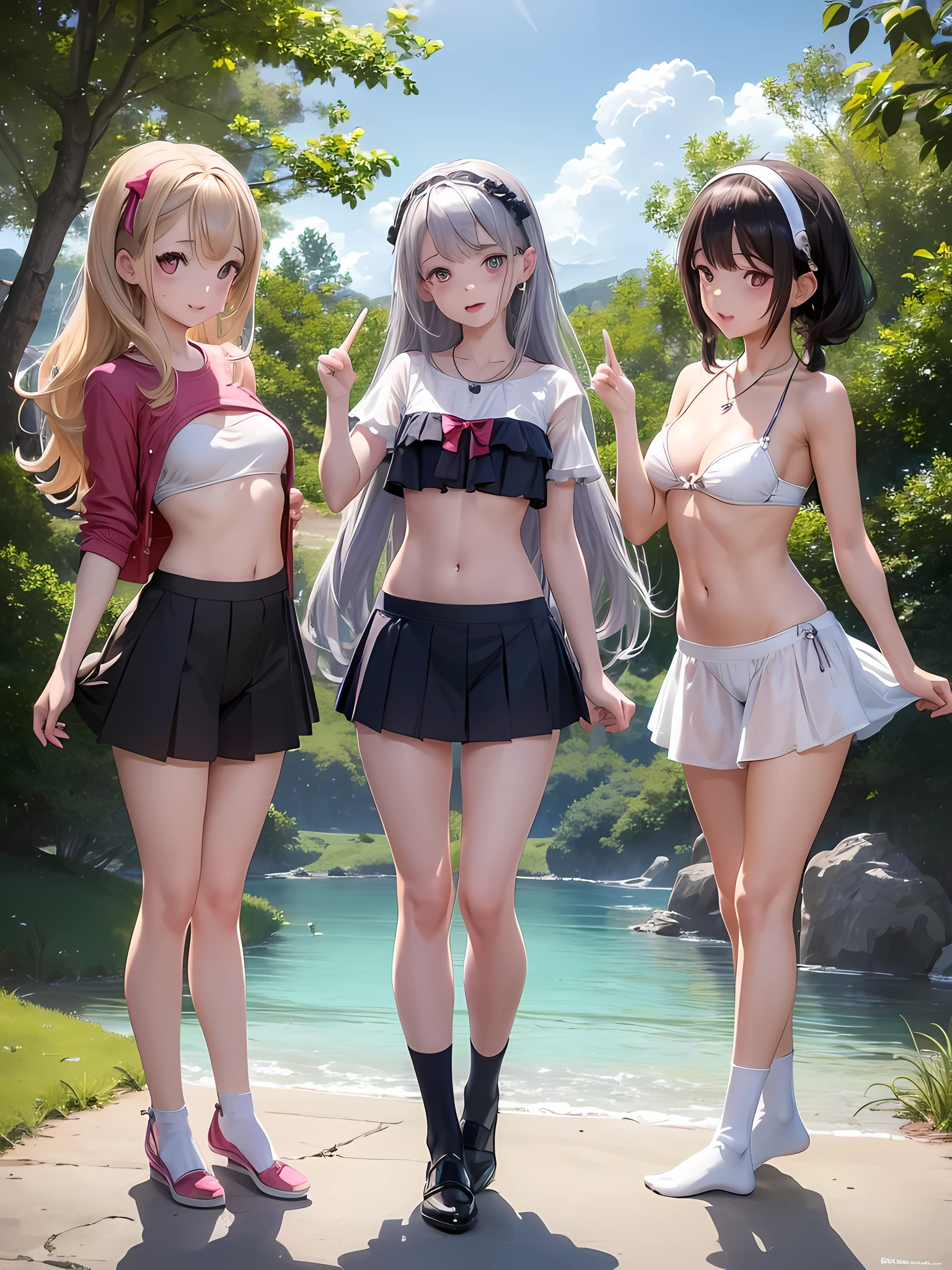 ((highest quality)), ((masterpiece)),(Noble), (elegant), (cute), (3 girls:1.8), three girls are posing for a camera outdoors in the water, (自分のshirtをめくる), (very small bikini top),The wind blows up my skirt,(stand in line), (Close-up shot from the knee:1.3), perfect face, smile, (open your mouth and smile:1.3), embarrassed look, (precise fingers:1.3), ray tracing, bubble butt, round little butt, bend over, hair band, head band, hair bobble, blouse, shirt, I can see your underwear, I can see the shorts, (パステルwater着), high resolution eyes, accurate eyes, (high resolution eyes:1.8), (High definition finger 1.8), light smile, small chest, chest, realistic, knee socks, short skirt, Asian, Westerners, silver hair, brown hair, blonde, belly button, jewelry, looking at the viewer, necklace, water, , Wet, long hair, short hair, abs,