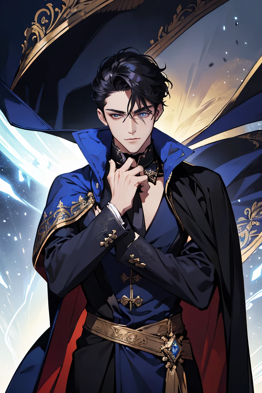 a close up of a person wearing a cape and a cape, wearing fantasy formal clothing, beautiful androgynous prince, ((wearing aristocrat robe)), delicate androgynous prince, regal dark blue clothes, silver brocaded dark blue clothes, costume with blue accents, dark ornate royal robes, imperial royal elegant clothing, elegant cape, royal cape, black hair, blue eyes, absurderes,A high resolution,ultra - detailed),1 person,AS-Adult,handsome,tall and muscular boy,a broad shouldered,detailed 25 year old male faceFine and detailed eyes and detailed face,Short black hair,Onyx-colored eyes,fanciful,Magnificent background,shadow effect, flame,Floating crystals,Divine brilliance,Grand background,magia