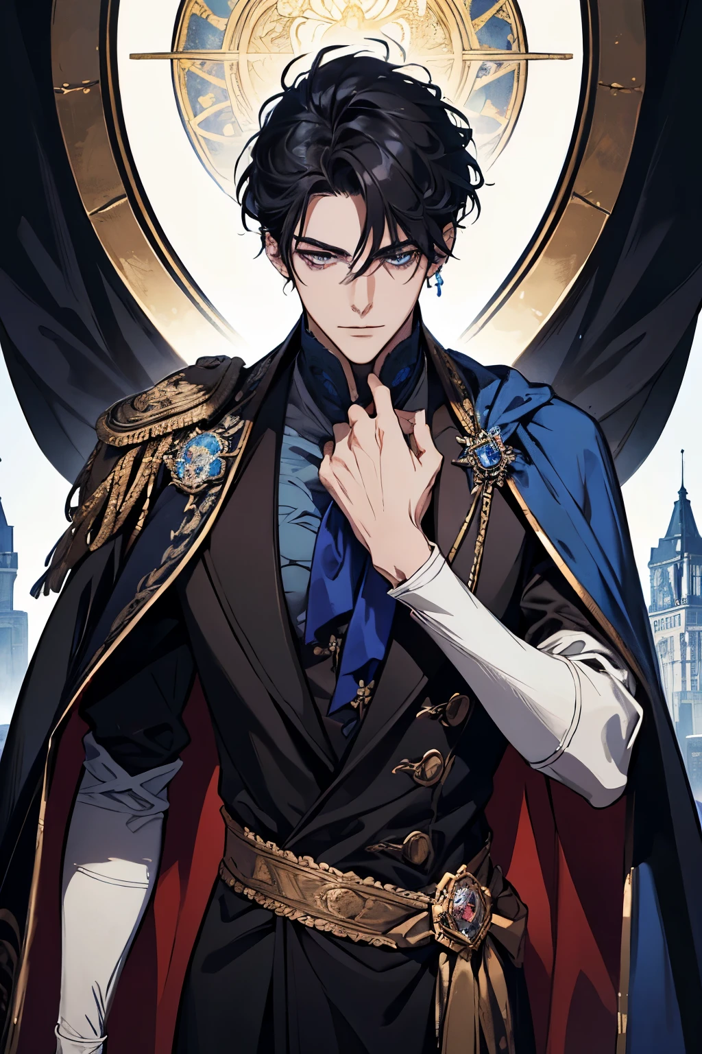 a close up of a person wearing a cape and a cape, wearing fantasy formal clothing, beautiful androgynous prince, ((wearing aristocrat robe)), delicate androgynous prince, regal dark blue clothes, silver brocaded dark blue clothes, costume with blue accents, dark ornate royal robes, imperial royal elegant clothing, elegant cape, royal cape, black hair, blue eyes, absurderes,A high resolution,ultra - detailed),1 person,AS-Adult,handsome,tall and muscular boy,a broad shouldered,detailed 25 year old male faceFine and detailed eyes and detailed face,Short black hair,Onyx-colored eyes,fanciful,Magnificent background,shadow effect, flame,Floating crystals,Divine brilliance,Grand background,magia