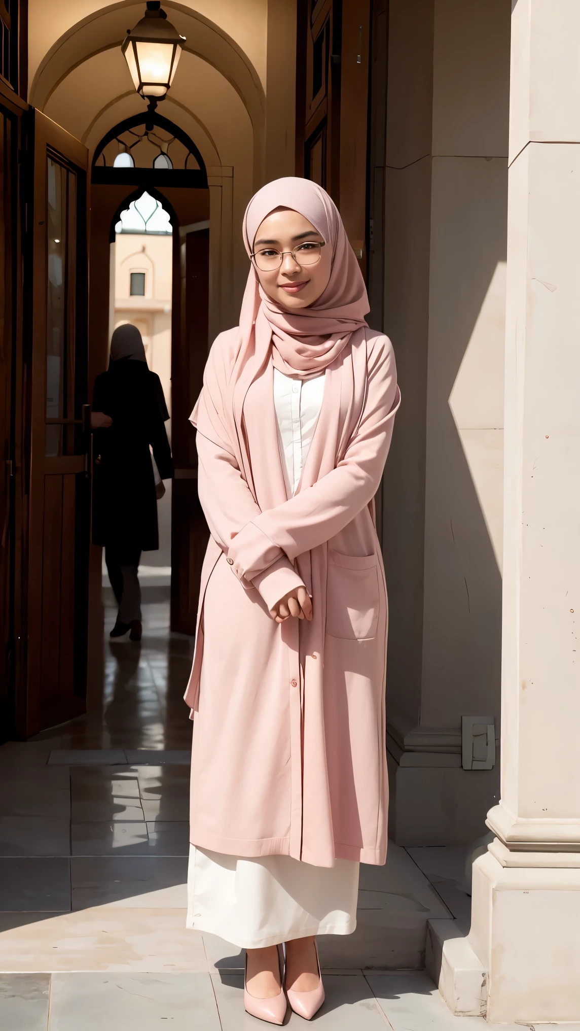 RAW, Best quality, high resolution, masterpiece: 1.3), full body image, cute Indonesian man in hijab, Masterpiece, average man body, young man face, cute man face, bright skin average eyes, graceful smile, soft smile, light make up, man wearing glasses, perfect glasses, muslim man in hijab standing in front of florist, feminine gesture, graceful expression, body facing audience, looking to audience, wearing full soft pink hijab, shawl, perfect hijab, wearing White abaya dress, pretty dress, wearing baby pink cardigan, wearing white heels, wearing white purse, beautiful in cute pastel shades, beautiful in pastel shades, purse on left shoulder, at noon, Great lighting, great sunlight, Bright colors, Ultra realistic clean lines, very realistic