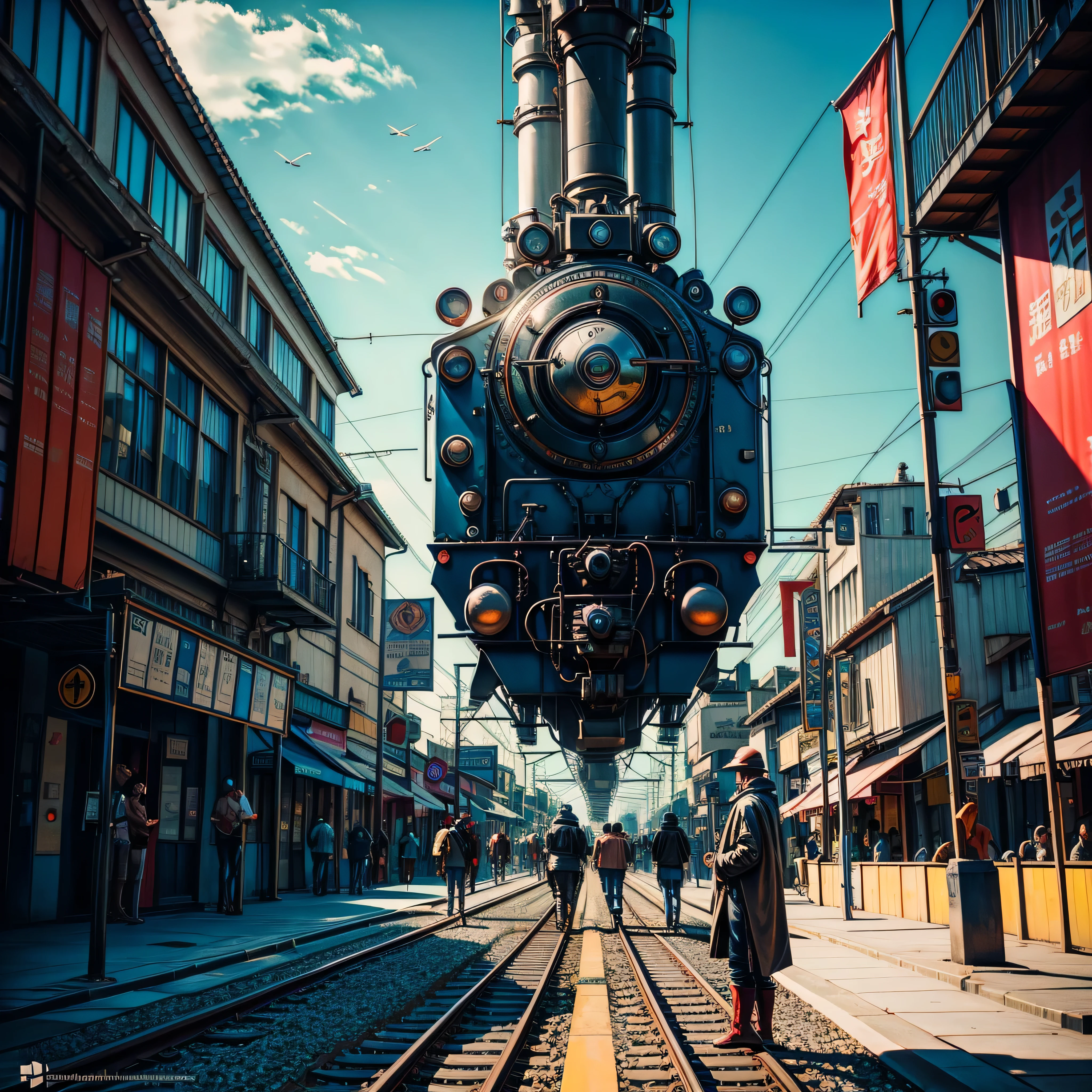 epic masterpiece A painting of a sci-fi train passing through an ancient Chinese city，people standing on railroad tracks, Inspired by Stephen Cordell, amazing concept painting, Inspired by Craig Mullins style, ultra Highly realistic concept art, Dappled lighting design, Steam engine matte paint, James Gurney painting style, ultra Highly detailed painting, hiper detalhado, epic textura de pele realista, armadura, melhor qualidade, ultra high-resolution, (fotografiarrealista: 1.4), detalhado, Calado bruto, ultra sharp re, por lee jeffries Nikon D850 Filme Fotografia de Stock 4 Kodak Portra 400 Lente F1.6 Rich Colors Realistic Texture Dramatic Texture Dramatic Lighting Irrealengine Trend on Artstation Cinestill 800, Beautiful and Aesthetic, vivid colorful, DSLR, varied multi etc. --v6 --s1000 --c20 --q5 --chaos100