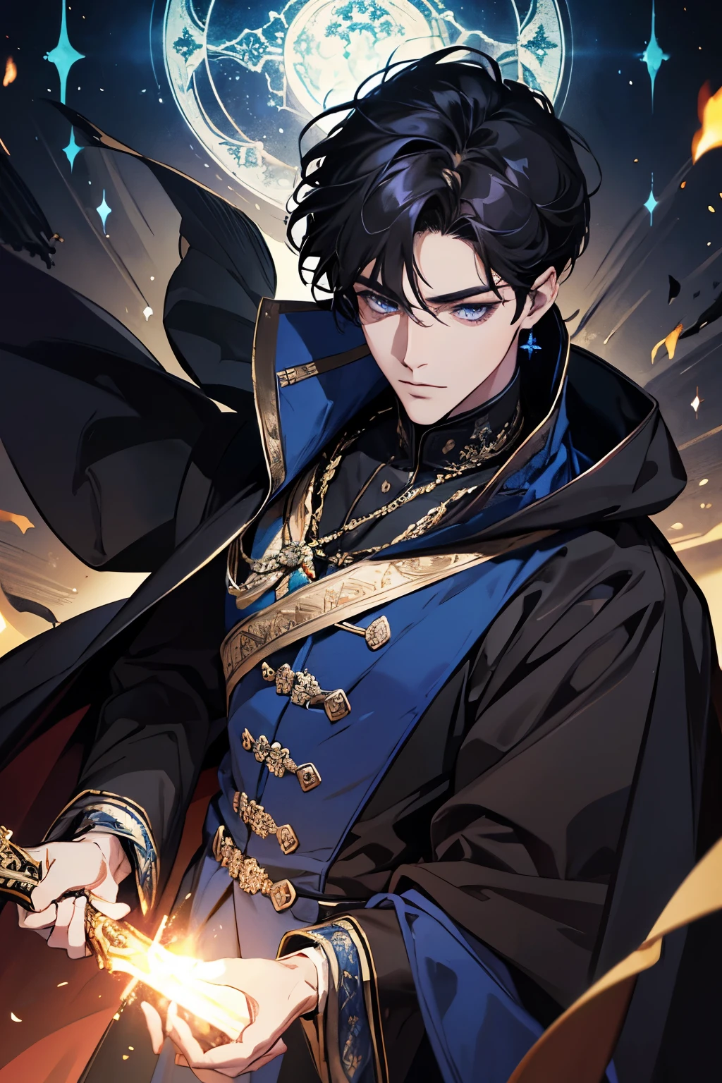 a close up of a person wearing a cape and a cape, wearing fantasy formal clothing, beautiful androgynous prince, ((wearing aristocrat robe)), delicate androgynous prince, regal dark blue clothes, silver brocaded dark blue clothes, costume with blue accents, dark ornate royal robes, imperial royal elegant clothing, elegant cape, royal cape, black hair, blue eyes, absurderes,A high resolution,ultra - detailed),1 person,AS-Adult,handsome,tall and muscular boy,a broad shouldered,detailed 25 year old male face, Fine and detailed eyes and detailed face,Short black hair,Onyx-colored eyes,fanciful,Magnificent background,shadow effect, flame,Floating crystals,Divine brilliance,Grand background,magia, warrior, holding a sword