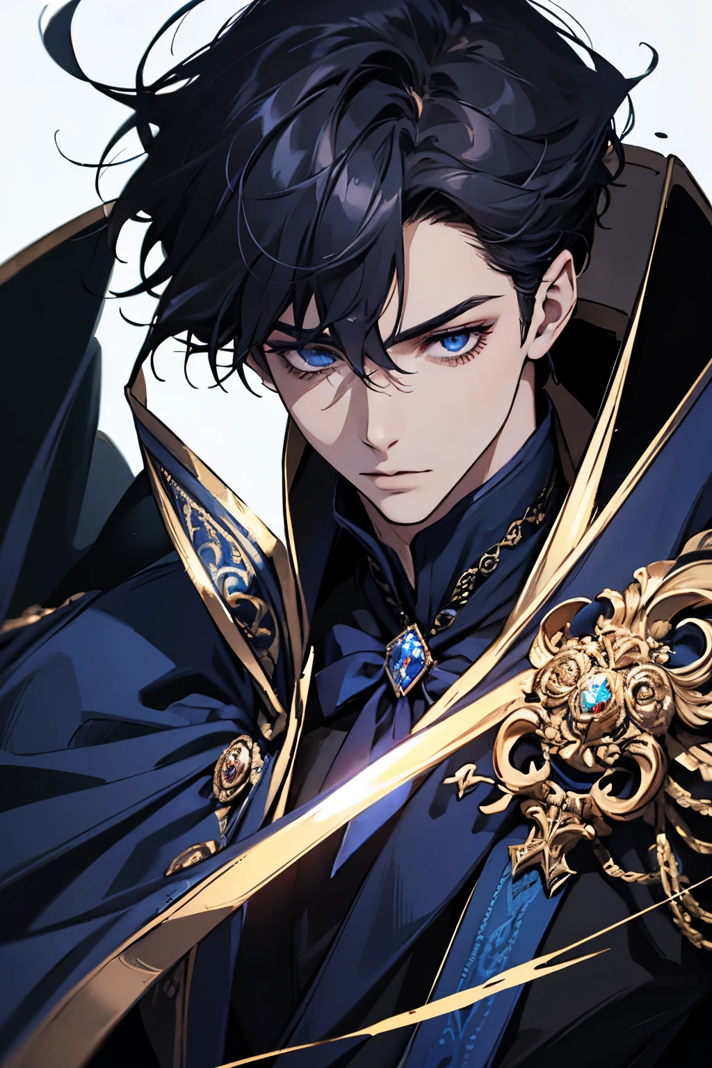 a close up of a person wearing a cape and a cape, wearing fantasy formal clothing, beautiful androgynous prince, ((wearing aristocrat robe)), delicate androgynous prince, regal dark blue clothes, silver brocaded dark blue clothes, costume with blue accents, dark ornate royal robes, imperial royal elegant clothing, elegant cape, royal cape, black hair, blue eyes, absurderes,A high resolution,ultra - detailed),1 person,AS-Adult,handsome,tall and muscular boy,a broad shouldered,detailed 25 year old male face, Fine and detailed eyes and detailed face,Short black hair,Onyx-colored eyes,fanciful,Magnificent background,shadow effect, flame,Floating crystals,Divine brilliance,Grand background,magia, warrior, holding a sword