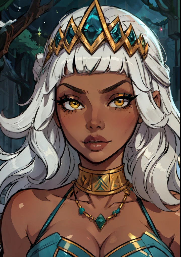 masterpiece, best quality, 1female, face portrait, qiyana \(league of legends\), 1girl, tiara, necklace, white hair, dark skin, intense eyeshadow turquoise, yellow eyes, 