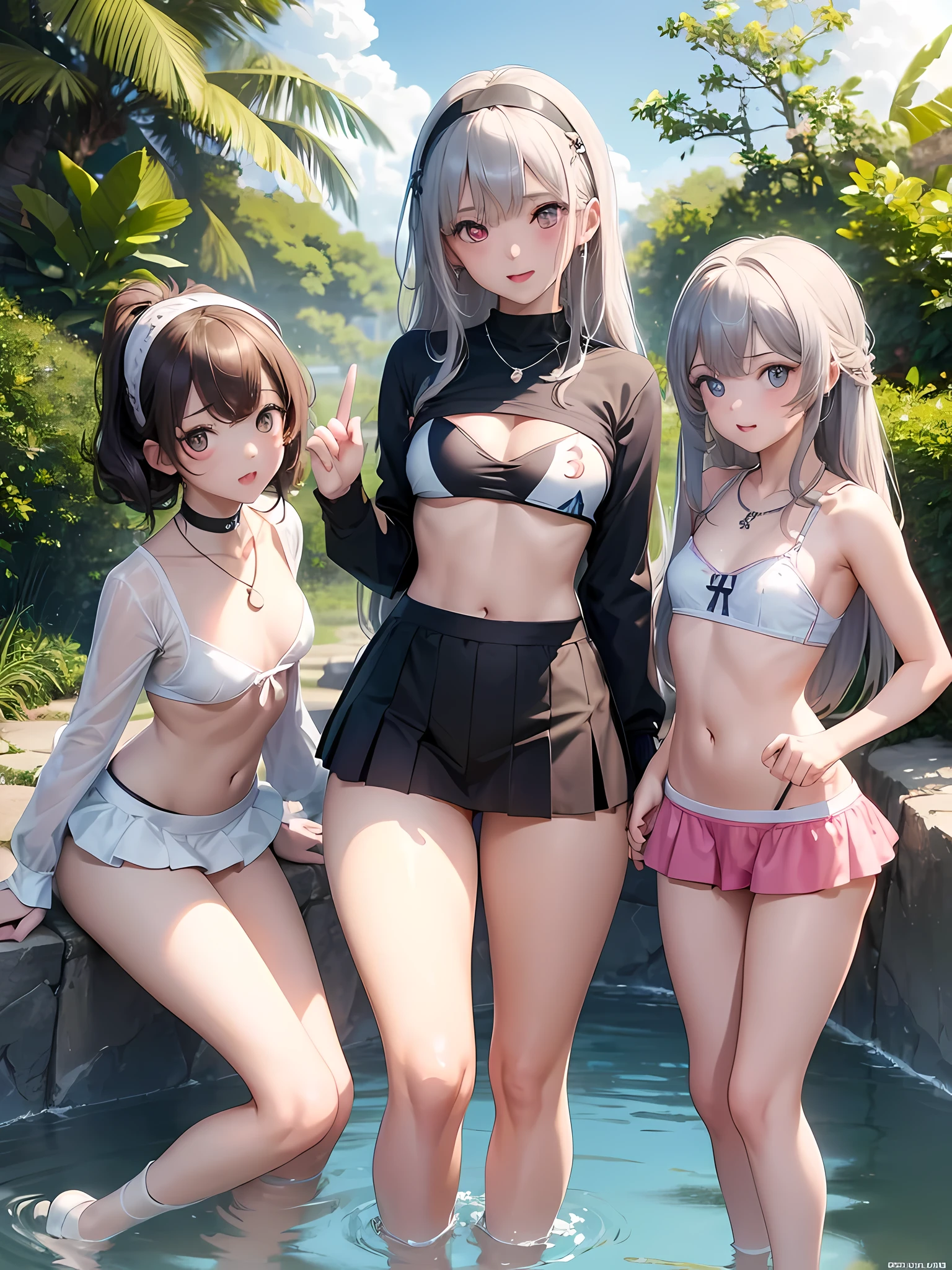 ((highest quality)), ((masterpiece)),(Noble), (cute), (3 girls:1.8), three girls are posing for a camera outdoors in the water, (自分のshirtをめくる), (very small bikini top),The wind blows up my skirt,(stand in line), (Close-up shot from the knee:1.5), perfect face, smile, (open your mouth and smile:1.3), embarrassed look, (precise fingers:1.3), ray tracing, bubble butt, round little butt, bend over, hair band, head band, hair bobble, blouse, shirt, I can see your underwear, I can see the shorts, (パステルwater着), high resolution eyes, accurate eyes, (high resolution eyes:1.8), (High definition finger 1.8), light smile, small chest, chest, realistic, knee socks, short skirt, Asian, Westerners, silver hair, brown hair, blonde, belly button, jewelry, looking at the viewer, necklace, water, , Wet, long hair, short hair, abs,