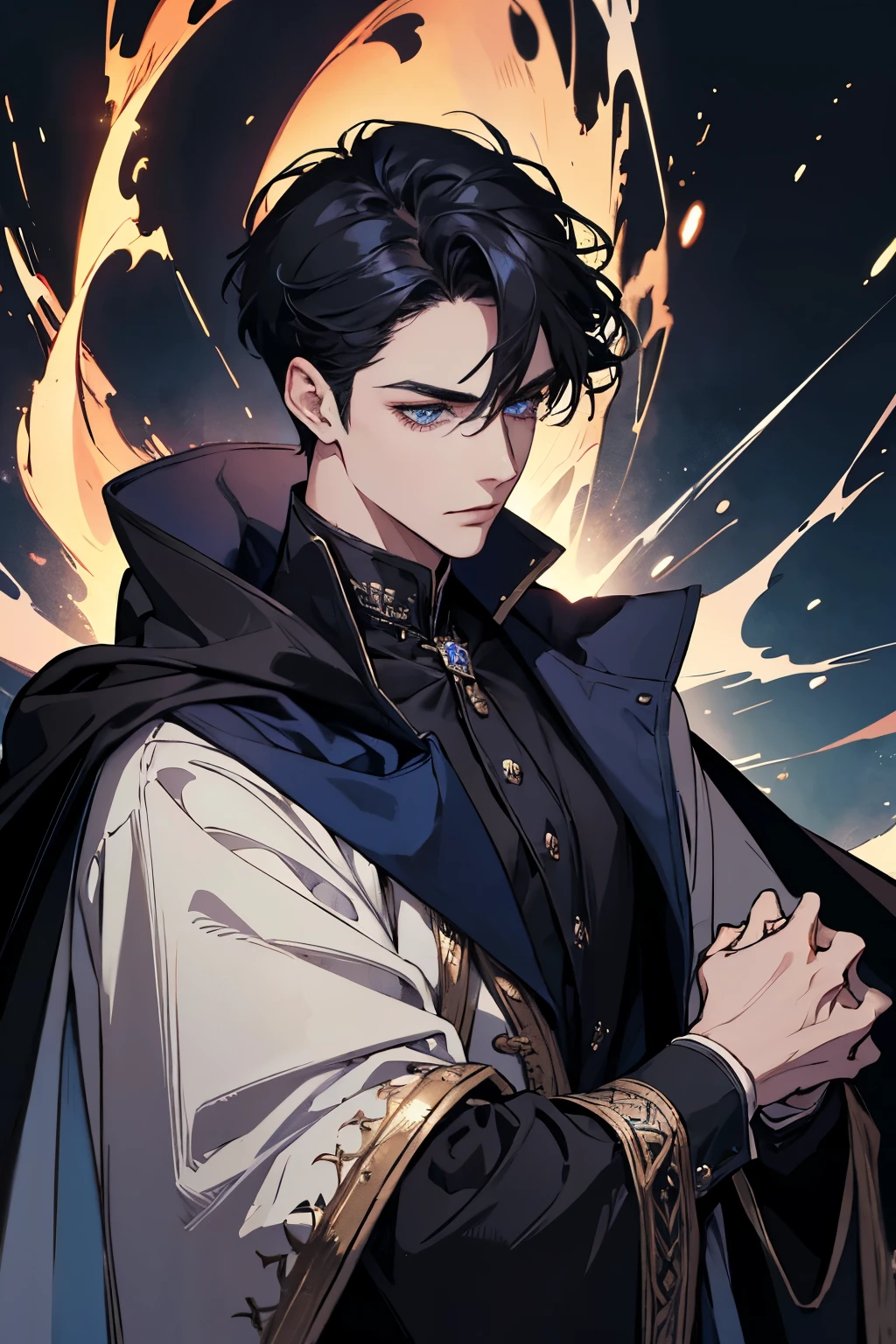 a close up of a person wearing a cape and a cape, wearing fantasy formal clothing, beautiful androgynous prince, ((wearing aristocrat robe)), delicate androgynous prince, regal dark blue clothes, silver brocaded dark blue clothes, costume with blue accents, dark ornate royal robes, imperial royal elegant clothing, elegant cape, royal cape, black hair, blue eyes, absurderes，A high resolution，ultra - detailed），1 person，Adult，handsome，tall and muscular boy，a broad shouldered，detailed 25 year old male face, Fine and detailed eyes and detailed face，Short black hair，Onyx-colored eyes，fanciful，Magnificent background，shadow effect, flame，Floating crystals，Divine brilliance，Grand background，magia, warrior, holding a sword