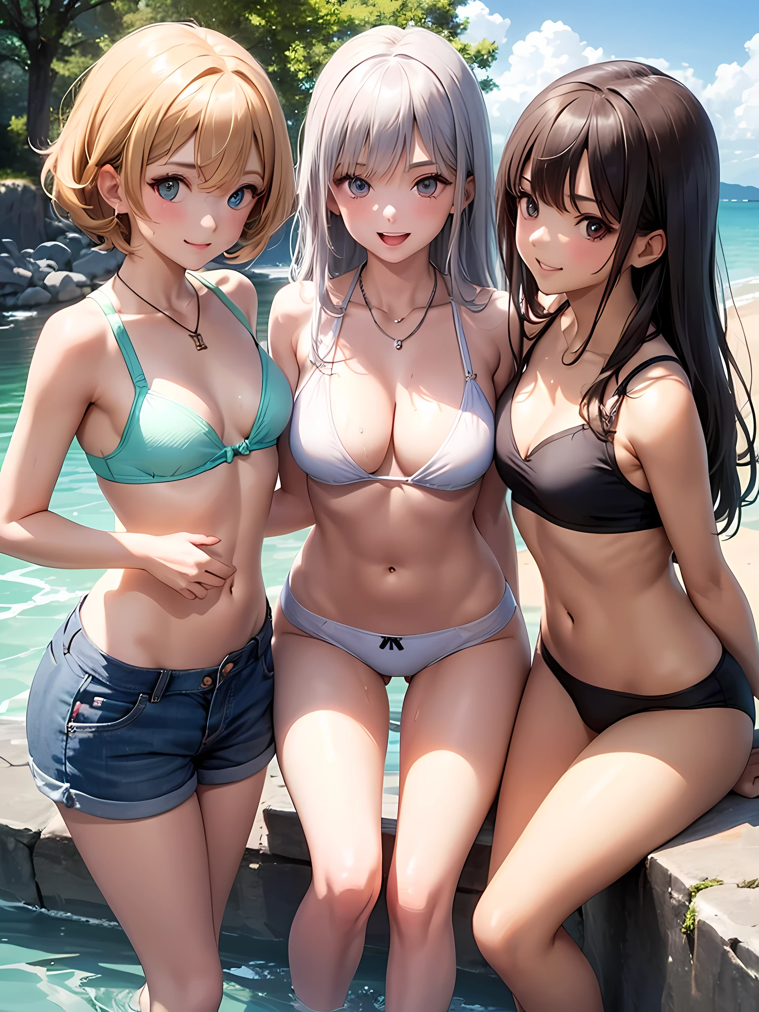 ((highest quality)), ((masterpiece)),(Noble), (cute), (3 girls:1.8), three girls are posing for a camera outdoors in the water, (自分のshirtをめくる), (very small bikini top),The wind blows up my skirt,(stand in line), (Close-up shot from the knee:1.5), perfect face, smile, (open your mouth and smile:1.3), embarrassed look, (precise fingers:1.3), ray tracing, bubble butt, round little butt, bend over, hair band, head band, hair bobble, blouse, shirt, I can see your underwear, I can see the shorts, (パステルwater着), high resolution eyes, accurate eyes, (high resolution eyes:1.8), (High definition finger 1.8), light smile, small chest, chest, realistic, knee socks, short skirt, Asian, Westerners, silver hair, brown hair, blonde, belly button, jewelry, looking at the viewer, necklace, water, , Wet, long hair, short hair, abs,