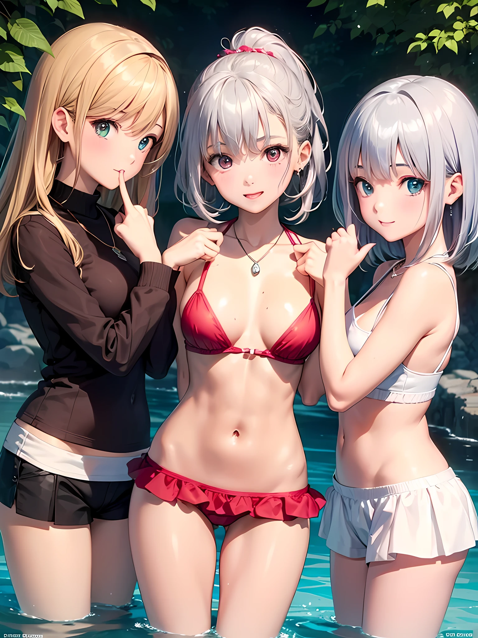 ((highest quality)), ((masterpiece)),(Noble), (cute), (3 girls:1.8), three girls are posing for a camera outdoors in the water, (自分のshirtをめくる), (very small bikini top),The wind blows up my skirt,(stand in line), (Close-up shot from the knee:1.5), perfect face, smile, (open your mouth and smile:1.3), embarrassed look, (precise fingers:1.3), ray tracing, bubble butt, round little butt, bend over, hair band, head band, hair bobble, blouse, shirt, I can see your underwear, I can see the shorts, (パステルwater着), high resolution eyes, accurate eyes, (high resolution eyes:1.8), (High definition finger 1.8), light smile, small chest, chest, realistic, knee socks, short skirt, Asian, Westerners, silver hair, brown hair, blonde, belly button, jewelry, looking at the viewer, necklace, water, , Wet, long hair, short hair, abs,