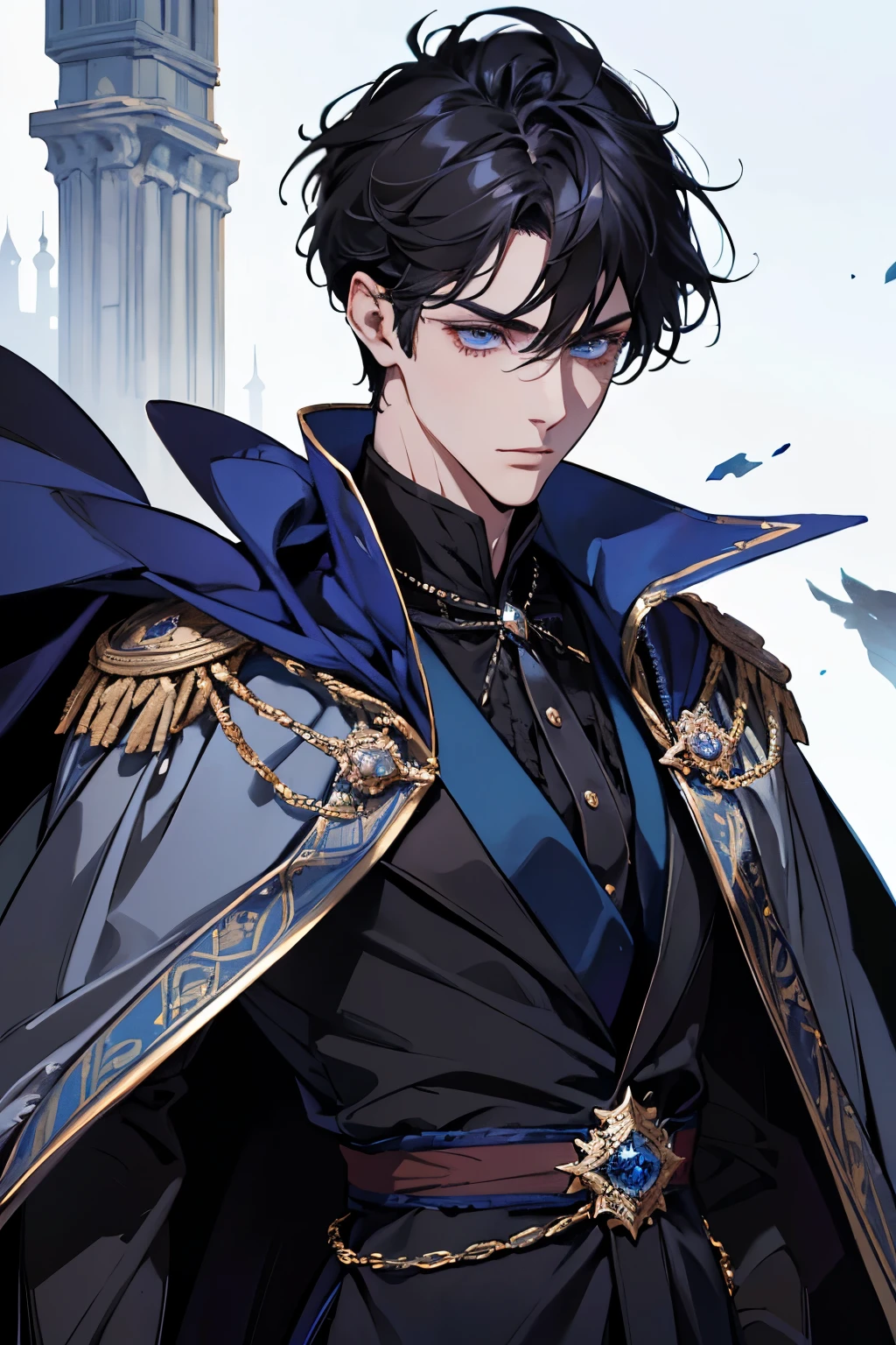 a close up of a person wearing a cape and a cape, wearing fantasy formal clothing, beautiful androgynous prince, ((wearing aristocrat robe)), delicate androgynous prince, regal dark blue clothes, silver brocaded dark blue clothes, costume with blue accents, dark ornate royal robes, imperial royal elegant clothing, elegant cape, royal cape, black hair, blue eyes, absurderes，A high resolution，ultra - detailed），1 person，Adult，handsome，tall and muscular boy，a broad shouldered，detailed 25 year old male face, Fine and detailed eyes and detailed face，Short black hair，Onyx-colored eyes，fanciful，Magnificent background，shadow effect, flame，Floating crystals，Divine brilliance，Grand background，magia, warrior, holding a sword