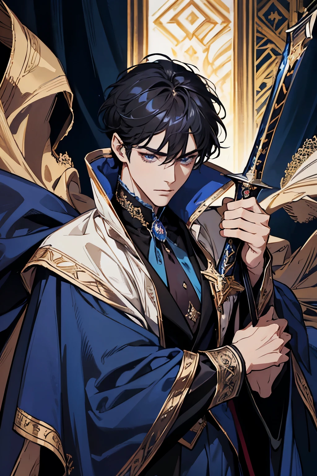a close up of a person wearing a cape and a cape, wearing fantasy formal clothing, beautiful androgynous prince, ((wearing aristocrat robe)), delicate androgynous prince, regal dark blue clothes, silver brocaded dark blue clothes, costume with blue accents, dark ornate royal robes, imperial royal elegant clothing, elegant cape, royal cape, black hair, blue eyes, absurderes，A high resolution，ultra - detailed），1 person，Adult，handsome，tall and muscular boy，a broad shouldered，detailed 25 year old male face, Fine and detailed eyes and detailed face，Short black hair，Onyx-colored eyes，fanciful，Magnificent background，shadow effect, flame，Floating crystals，Divine brilliance，Grand background，magia, warrior, holding a sword