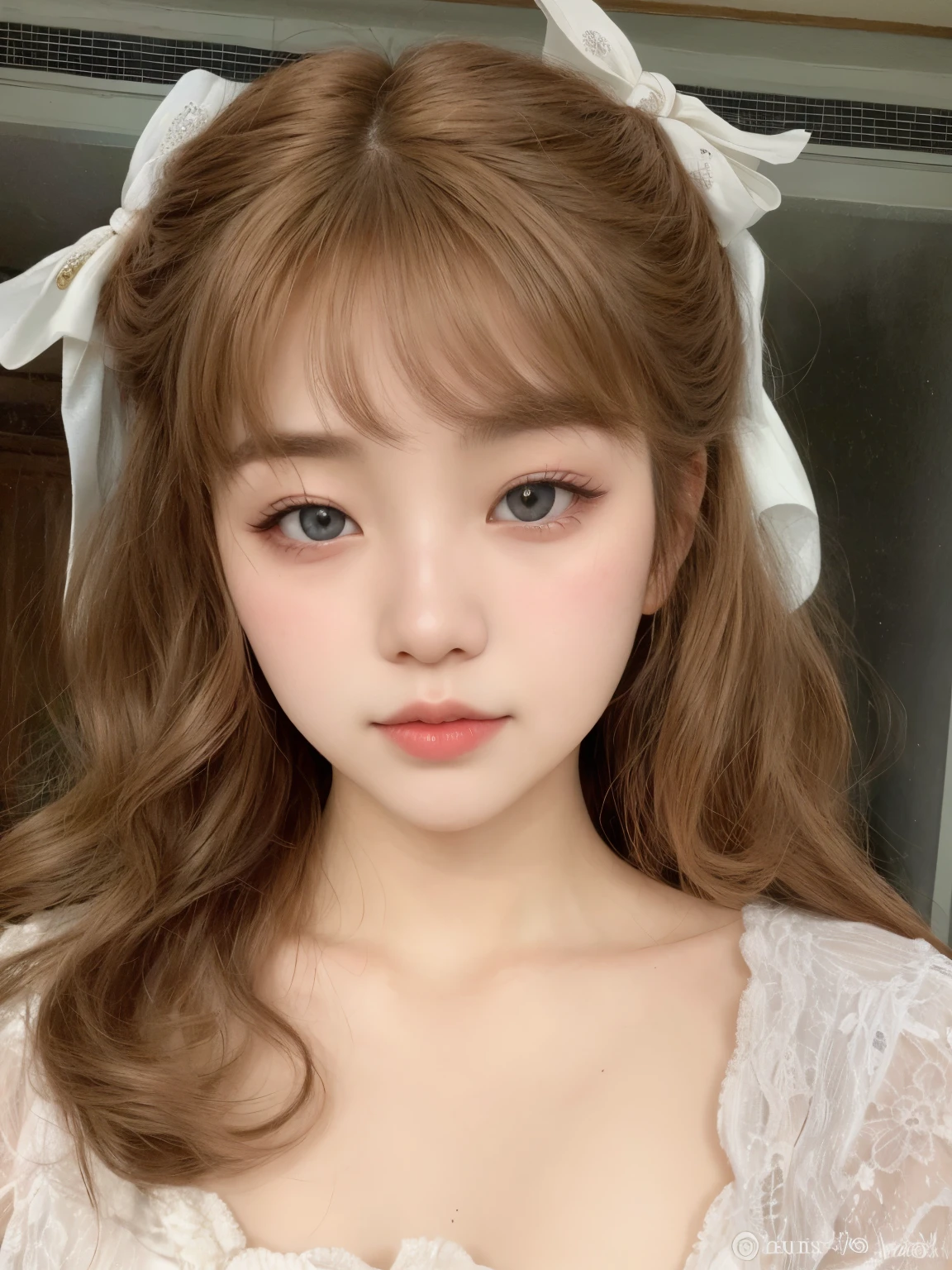 There's a woman with a bow on her head posing for a picture, maquiagem sul-coreana popular, Ulzzang, maquiagem coreana popular, lalisa manobal, Retrato realista kawaii, young lovely korean face, rosto de anime natural fofo, lindo rosto delicado, franja fofa, penteado kawaii, Beautiful pale makeup, cabelo arrumado com franja, maquiagem suave, pale porcelain white skin