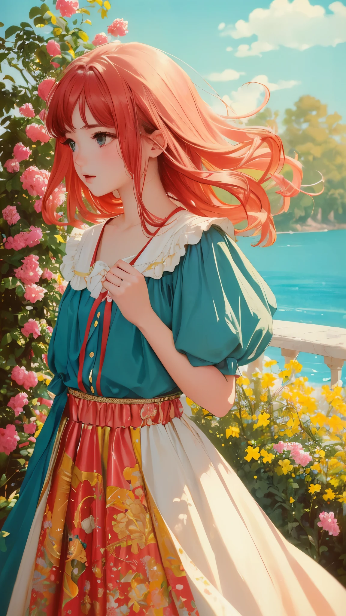 A woman with red hair standing in front of a flower garden - SeaArt AI