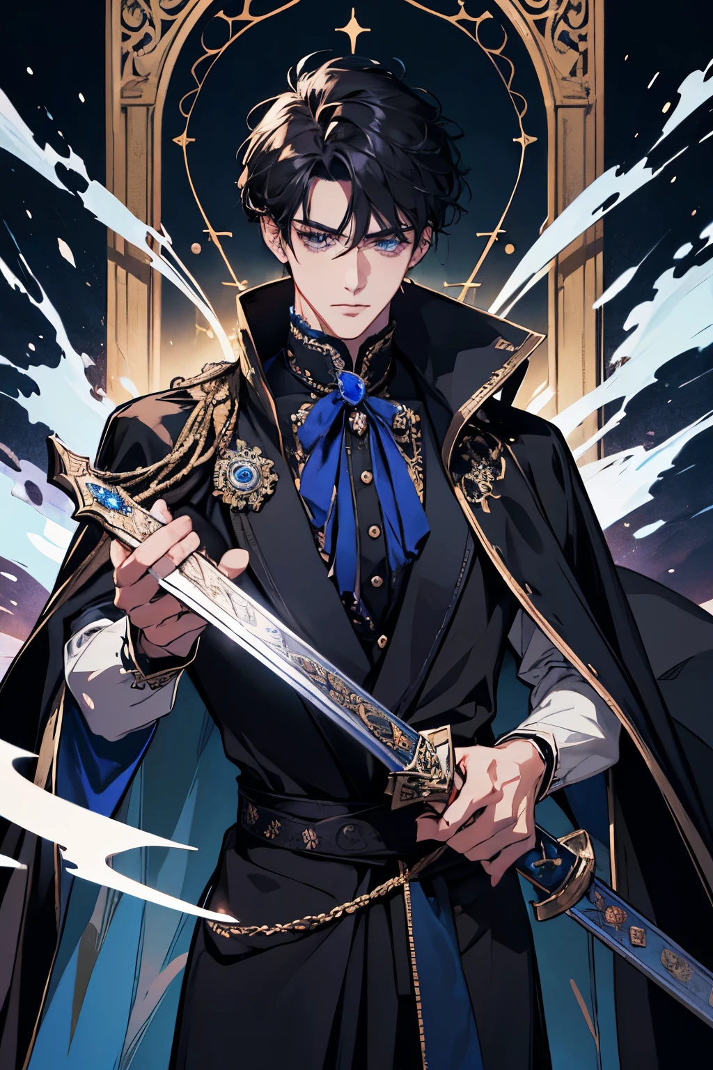 a close up of a person wearing a cape and a cape, wearing fantasy formal clothing, beautiful androgynous prince, ((wearing aristocrat robe)), delicate androgynous prince, regal dark blue clothes, silver brocaded dark blue clothes, costume with blue accents, dark ornate royal robes, imperial royal elegant clothing, elegant cape, royal cape, black hair, blue eyes, absurderes,A high resolution,ultra - detailed),1 person,AS-Adult,handsome,tall and muscular boy,a broad shouldered,detailed 25 year old male face, Fine and detailed eyes and detailed face,Short black hair,Onyx-colored eyes,fanciful,Magnificent background,shadow effect, flame,Floating crystals,Divine brilliance,Grand background,magia, warrior, holding a sword