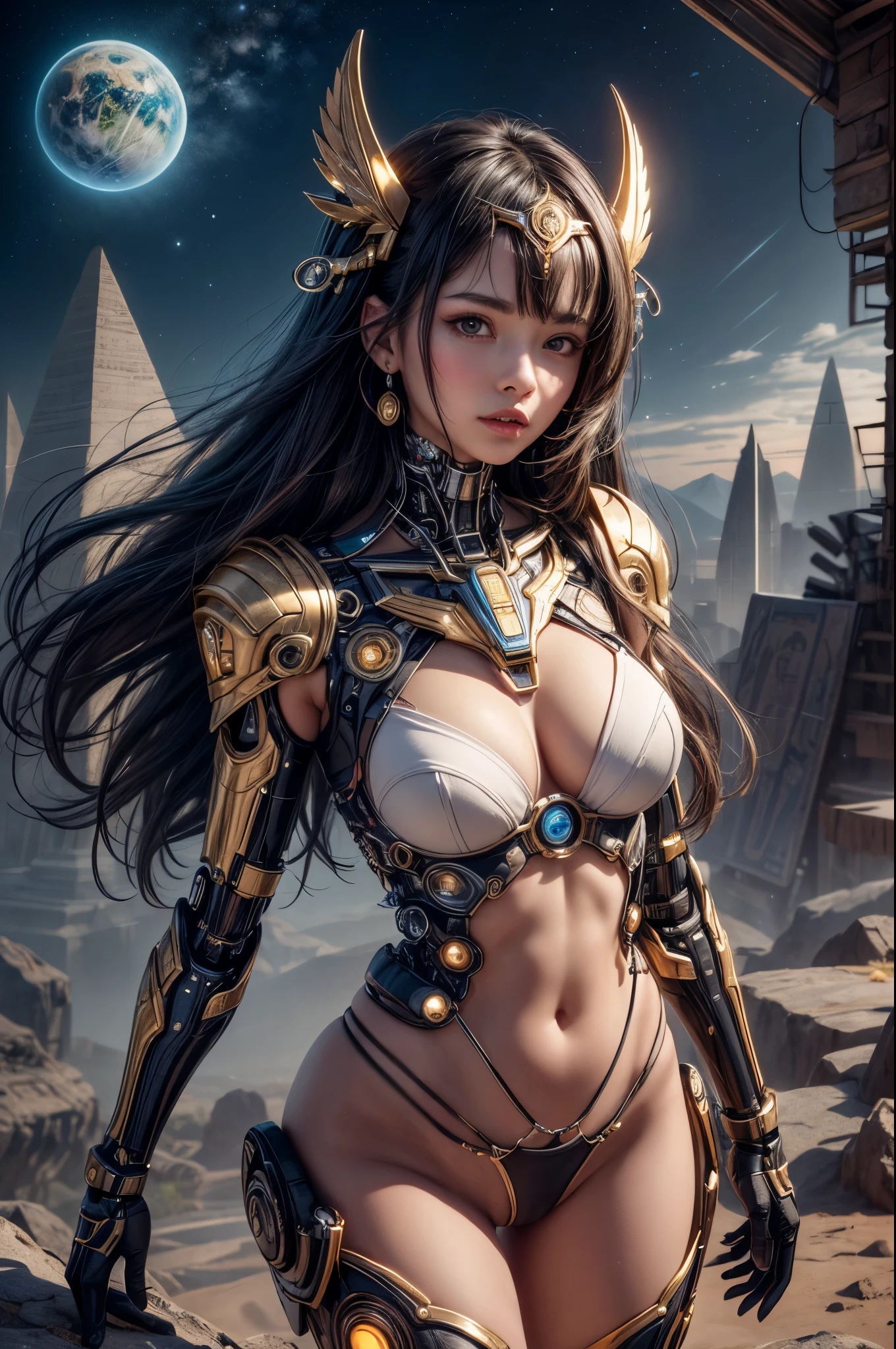 "((Techno-chic girl)) in Egypt Cyberstyle attire, surrounded by a surreal space landscape with fantastic planets, bathed in the cosmic glow of the golden hour, ((cybernetic elements)), ((rule of thirds)), ((futuristic masterpiece)), detailed, (best quality)