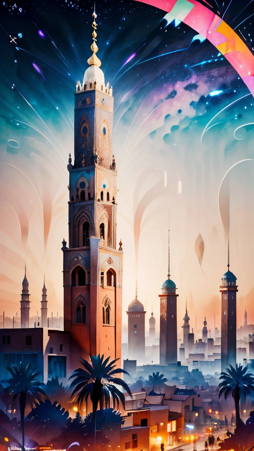 Marrakech at night with patterns in the sky representing artificial intelligence and technological progress, AI patterns,