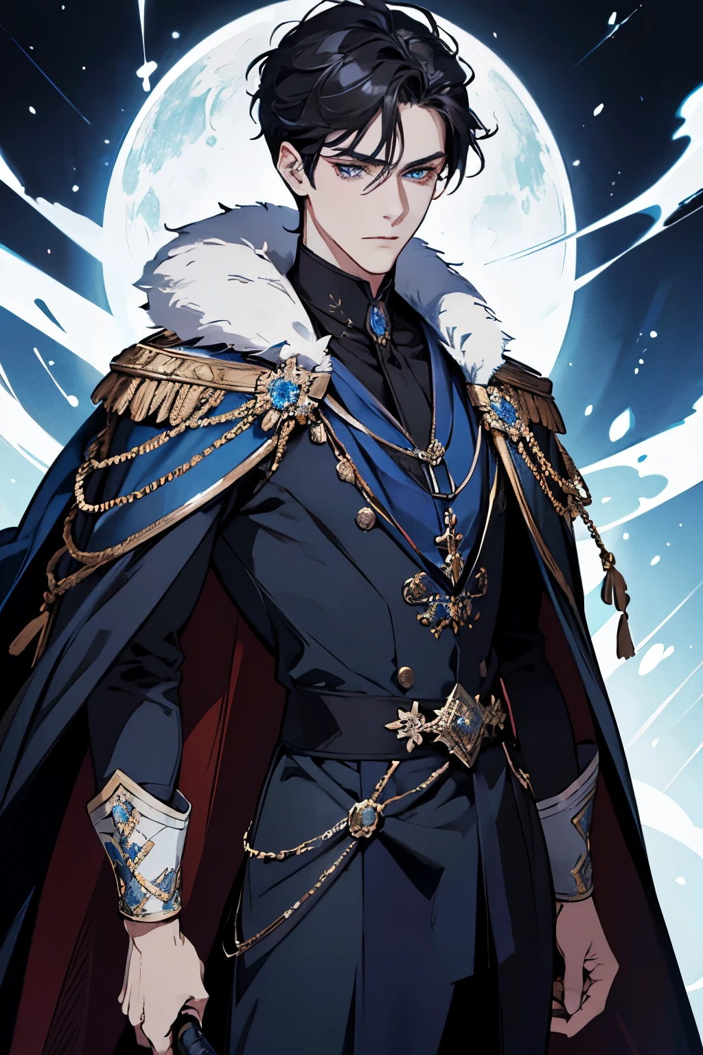 a close up of a person wearing a cape and a cape, wearing fantasy formal clothing, beautiful androgynous prince, ((wearing aristocrat robe)), delicate androgynous prince, regal dark blue clothes, silver brocaded dark blue clothes, costume with blue accents, dark ornate royal robes, imperial royal elegant clothing, elegant cape, royal cape, fur coat, black hair, blue eyes, absurderes,A high resolution,ultra - detailed),1 person,AS-Adult,handsome,tall and muscular boy,a broad shouldered,detailed 25 year old male face, Fine and detailed eyes and detailed face,Short black hair,Onyx-colored eyes,fanciful,Magnificent background,shadow effect, flame,Divine brilliance,Grand background,magia, warrior, holding a sword, sword