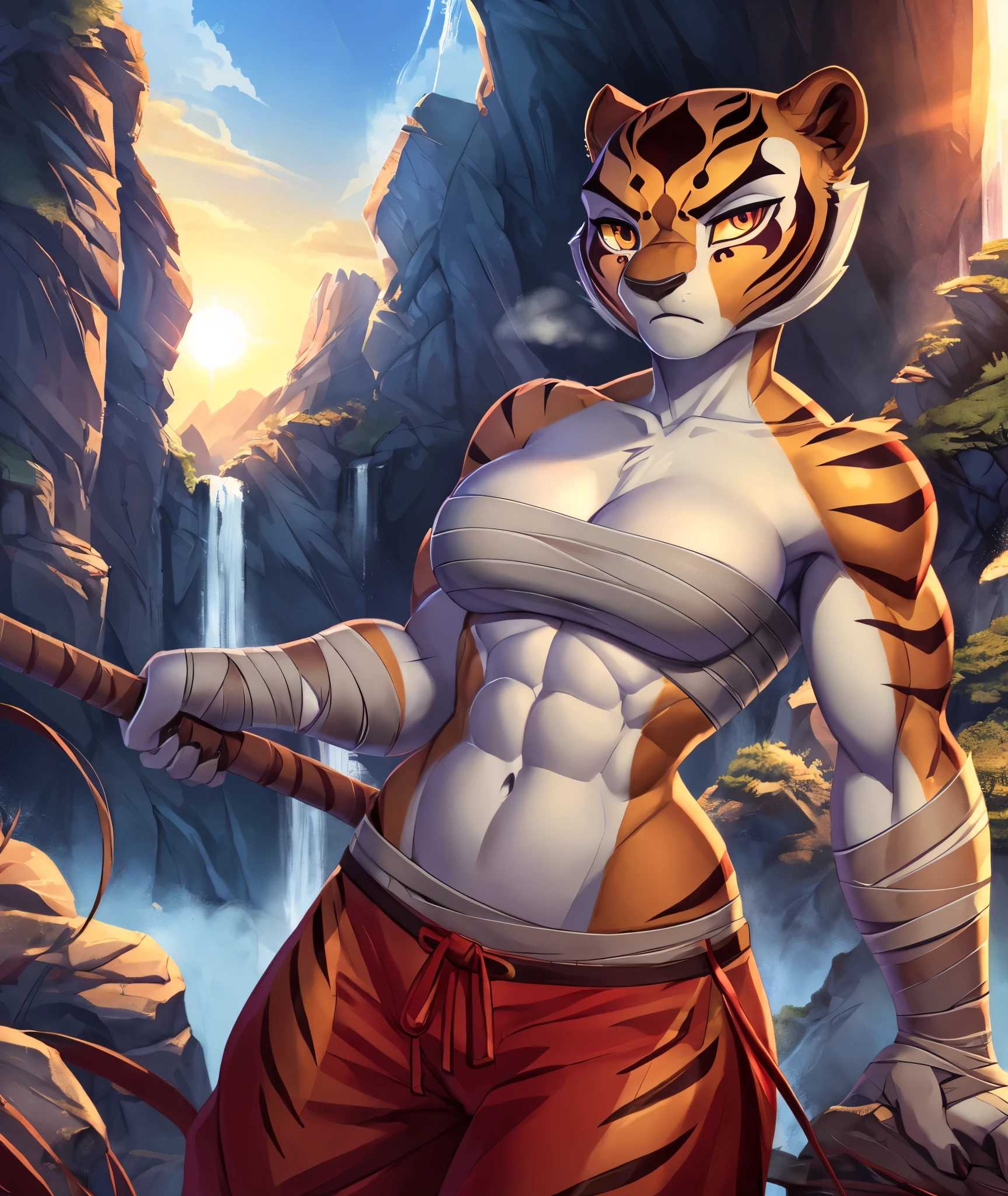 [Master Tigress], [Kung Fu Panda], ((masterpiece)), ((HD)), ((high res)), ((solo portrait)), ((bust portrait)), ((front view)), ((furry)), ((beautiful render art)), ((soft shading)), {tigress; (slim figure), (cute eyes), (detailed red iris), (curvy hips), (defined abs), (detailed muscles), (beautiful legs), (expressionless)}, {(wrapped in bandages), (bandage bandeau), (cleavage), (navel), (red kung fu pants)}, {(standing), (intimidating glare), (looking at viewer)}, [Background; (mountains), (waterfall), (steam), (fog), (blue sky), (sun rays), (ambient lighting)]