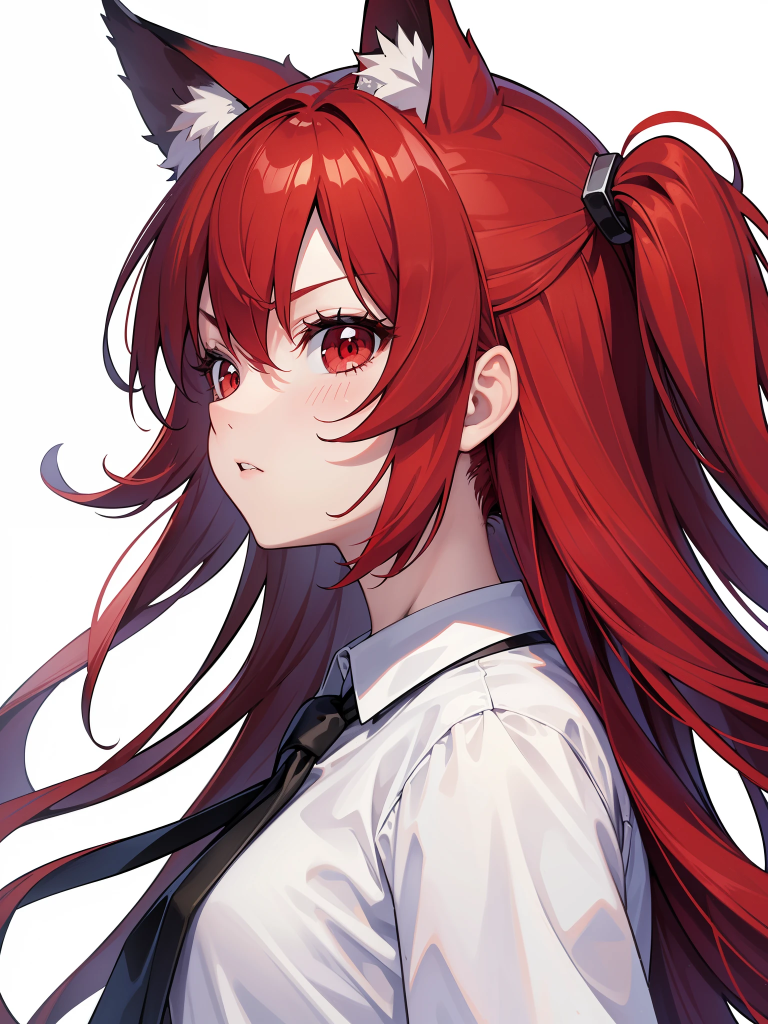 (masterpiece,8k),(1girl,20 years old),long hair,fox ears,red hair,(white background),red eyes,angry,portrait,profile,white shirt,black tie