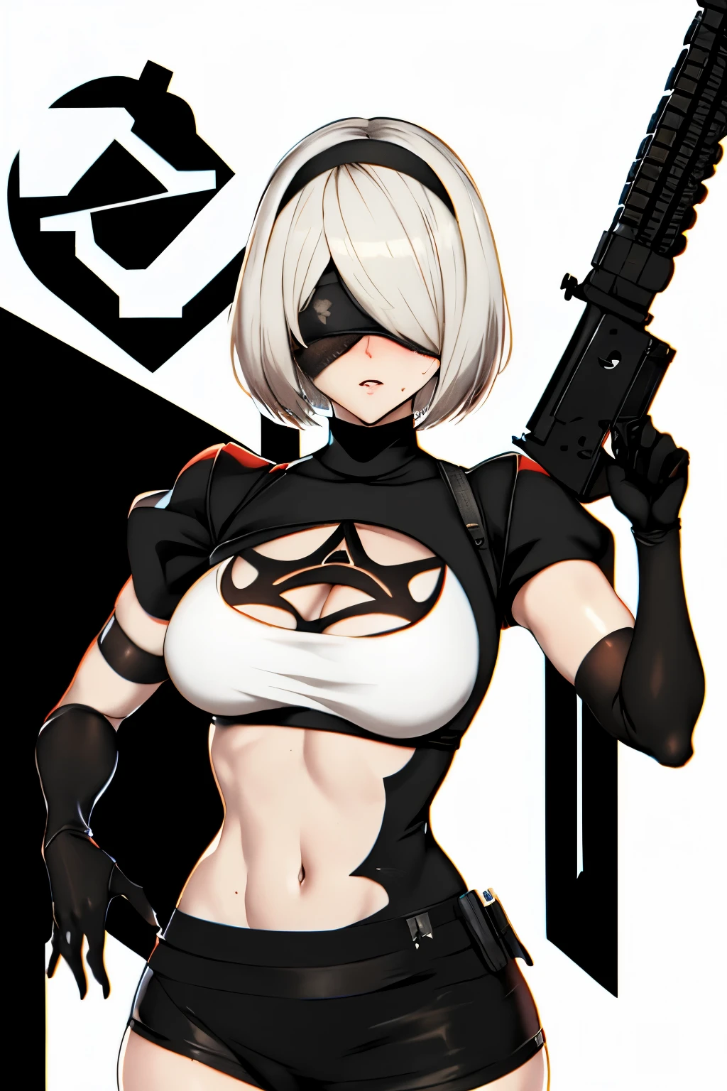 A2 Nier Automata, sexy pose, big ass, black eye band, gun in hand, blushing, t-shirt design, white background, chromatic, guns, Glitching