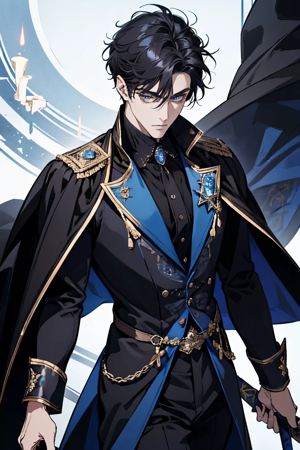 a close up of a person wearing a cape and a cape, wearing fantasy formal clothing, beautiful androgynous prince, ((wearing aristocrat robe)), delicate androgynous prince, regal dark blue clothes, silver brocaded dark blue clothes, costume with blue accents, dark ornate royal robes, imperial royal elegant clothing, elegant cape, royal cape, fur coat, black hair, blue eyes, absurderes,A high resolution,ultra - detailed),1 person,AS-Adult,handsome,tall and muscular boy,a broad shouldered,detailed 25 year old male face, Fine and detailed eyes and detailed face,Short black hair,Onyx-colored eyes,fanciful,shadow effect, flame,Divine brilliance,Grand background,magia, warrior, holding a sword, sword