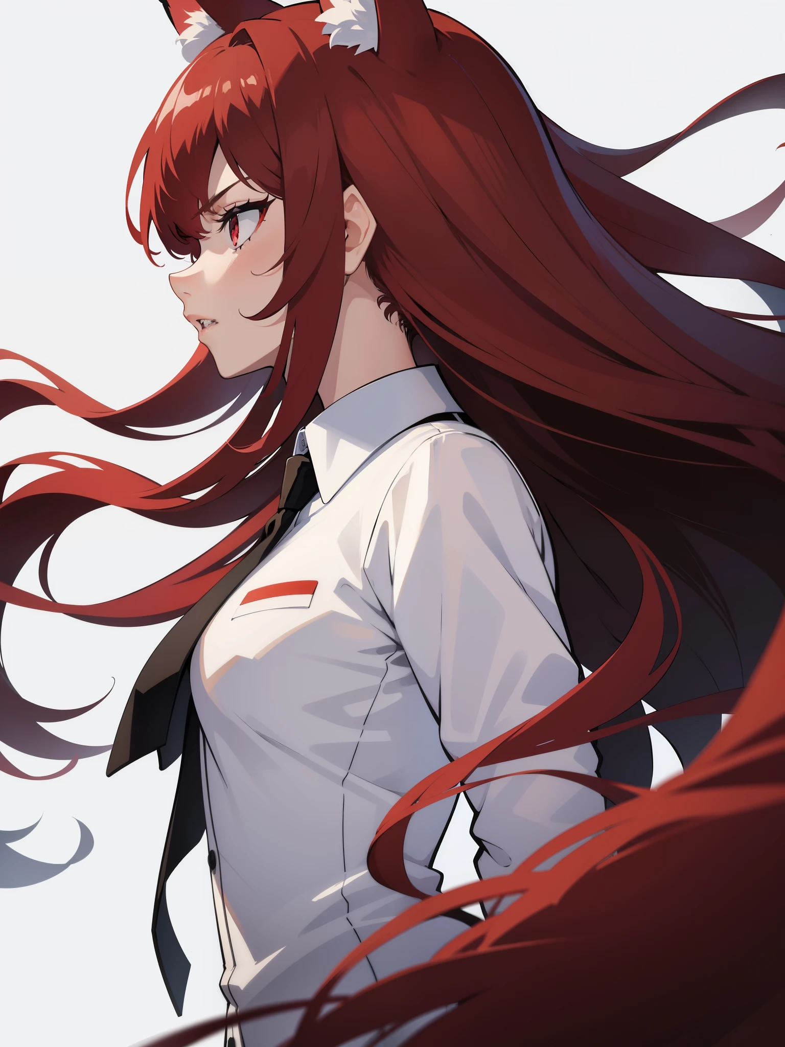 (masterpiece,8k),(1girl,20 years old),long hair,fox ears,red hair,(white background),red eyes,angry, portrait, profile,white shirt,black tie