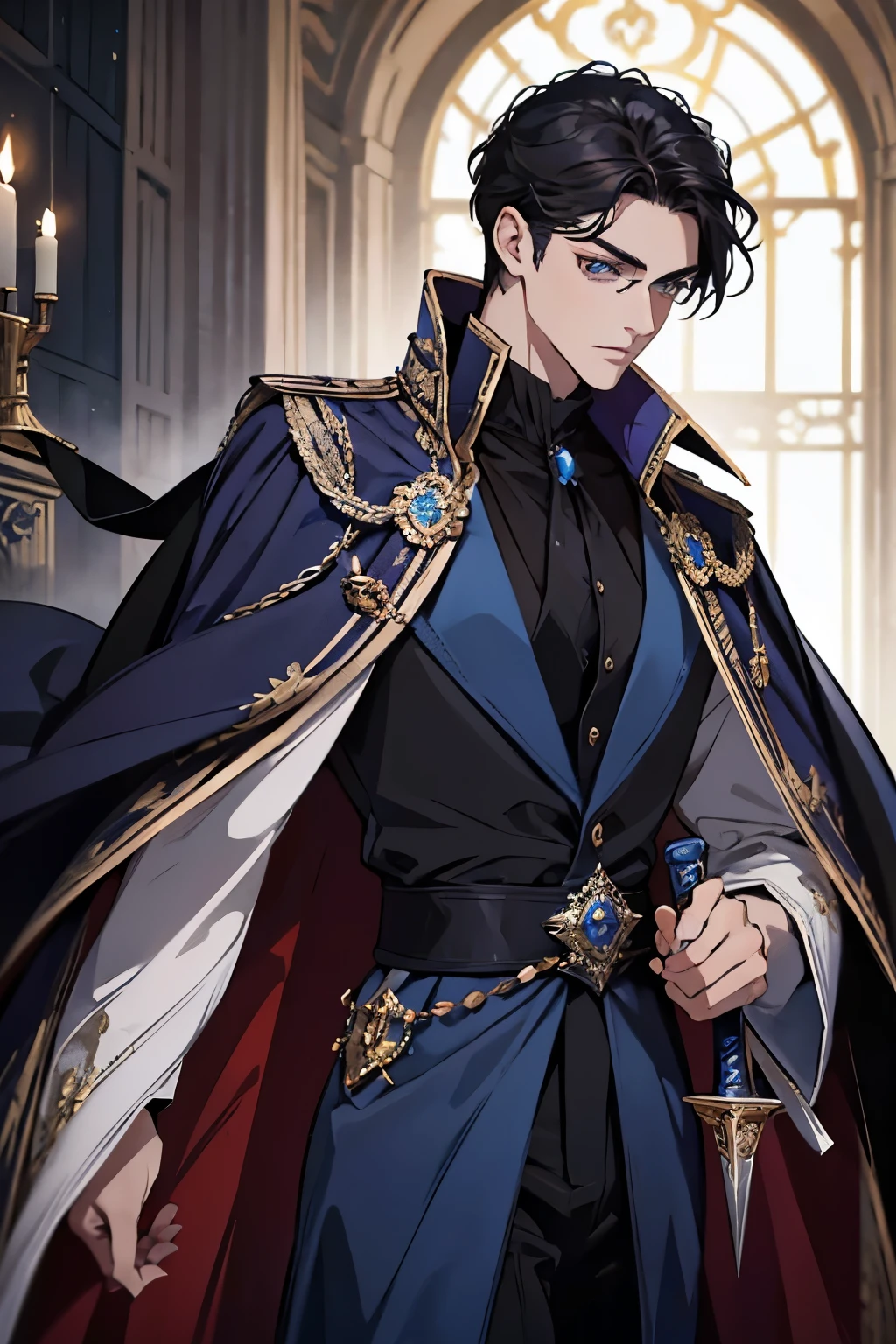 a close up of a person wearing a cape and a cape, wearing fantasy formal clothing, beautiful androgynous prince, ((wearing aristocrat robe)), delicate androgynous prince, regal dark blue clothes, silver brocaded dark blue clothes, costume with blue accents, dark ornate royal robes, imperial royal elegant clothing, elegant cape, royal cape, fur coat, black hair, blue eyes, absurderes，A high resolution，ultra - detailed），1 person，AS-Adult，handsome，tall and muscular boy，a broad shouldered，detailed 25 year old male face, Fine and detailed eyes and detailed face，Short black hair，Onyx-colored eyes，fanciful，shadow effect, flame，Divine brilliance，Grand background，magia, warrior, holding a sword, sword