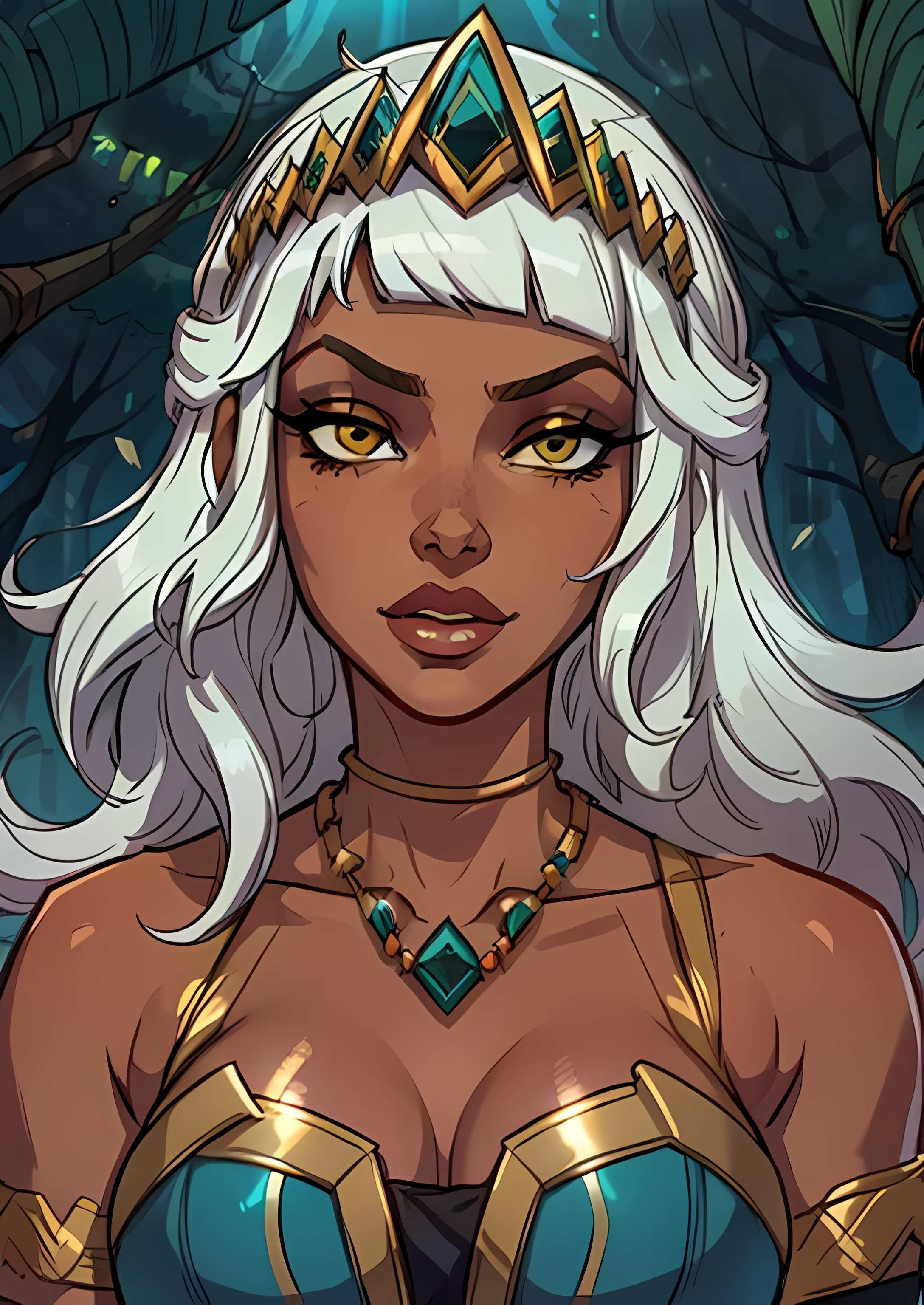 masterpiece, best quality, 1female, face portrait, qiyana \(league of legends\), 1girl, tiara, necklace, white hair, dark skin, intense eyeshadow turquoise, yellow eyes, 