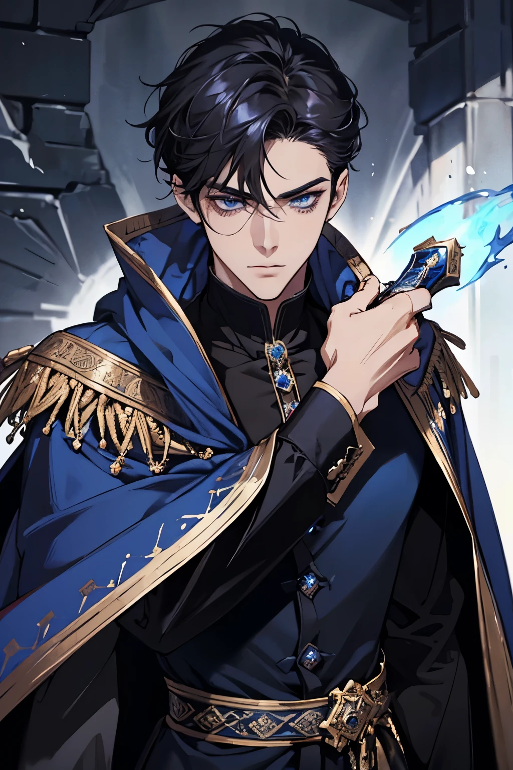 a close up of a person wearing a cape and a cape, wearing fantasy formal clothing, beautiful androgynous prince, ((wearing aristocrat robe)), delicate androgynous prince, regal dark blue clothes, silver brocaded dark blue clothes, costume with blue accents, dark ornate royal robes, imperial royal elegant clothing, elegant cape, royal cape, fur coat, black hair, blue eyes, absurderes，A high resolution，ultra - detailed），1 person，AS-Adult，handsome，tall and muscular boy，a broad shouldered，detailed 25 year old male face, Fine and detailed eyes and detailed face，Short black hair，Onyx-colored eyes，fanciful，shadow effect, flame，Divine brilliance，Grand background，magia, warrior, holding a sword, sword