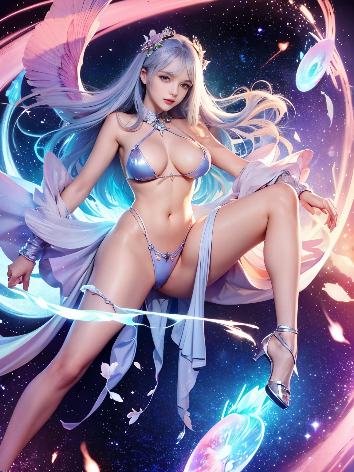 a goddess, A glorious sunrise, aura, glow, multi-colored bright aurora borealis, Spectrum Rainbow,Colored Angel Wings, feathers, In a chic, lavender white mint hair, pastel, mixed-language_SMS, (beautiful and clear background:1.2),, fantastic paintings , olhos altamente detalhados, crystals, outer space, galaxy, Gorgeous hair, Background Flora Peony, poppy, hydrangea, Plants. Loving. Love. ultra detailed hair, Best Quality, hig quality, highly resolution, detail enhancement, ((most beautiful image in the world)), Masterpiece, Best Quality, High Quality Detail Enhancement, ((most beautiful image ), Shiny hair, ultra chic bikini, Stampa Flores, art by stjepan sejic, art by j scott campbell, art by guillem march, art by citemer liu, 4k, highly resolution, comic book character, comic, high quality detailed, style of ::2.0 comix illustration style,tatoon style, hig quality, highly resolution, detail enhancement, 8K, HD, Best Quality, hig quality, highly resolution, detail enhancement, 8K, HDR, Sharp focus, Ultra Detailed, perfect illumination, Curvy Body, Lush breasts, Curvy hips, Sits, sparks, Stars, The Cycle of the Stars