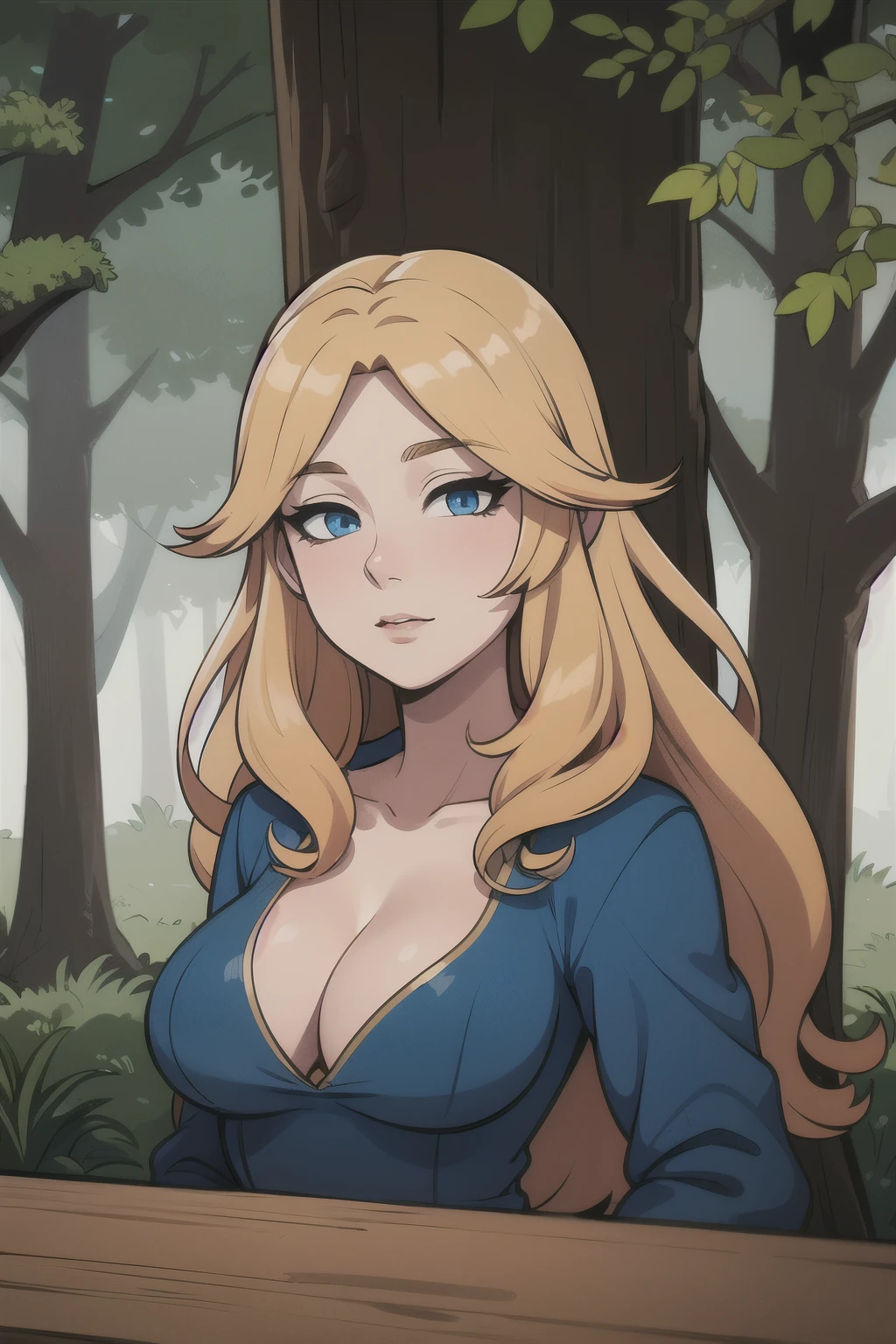 ((Best quality)), ((Masterpiece)), (detailed), perfect face perfect figure, Middle Ages, forest background, Sorceress Woman, woman in a robe, Golden hair, Blue eyes, tight blue robe
