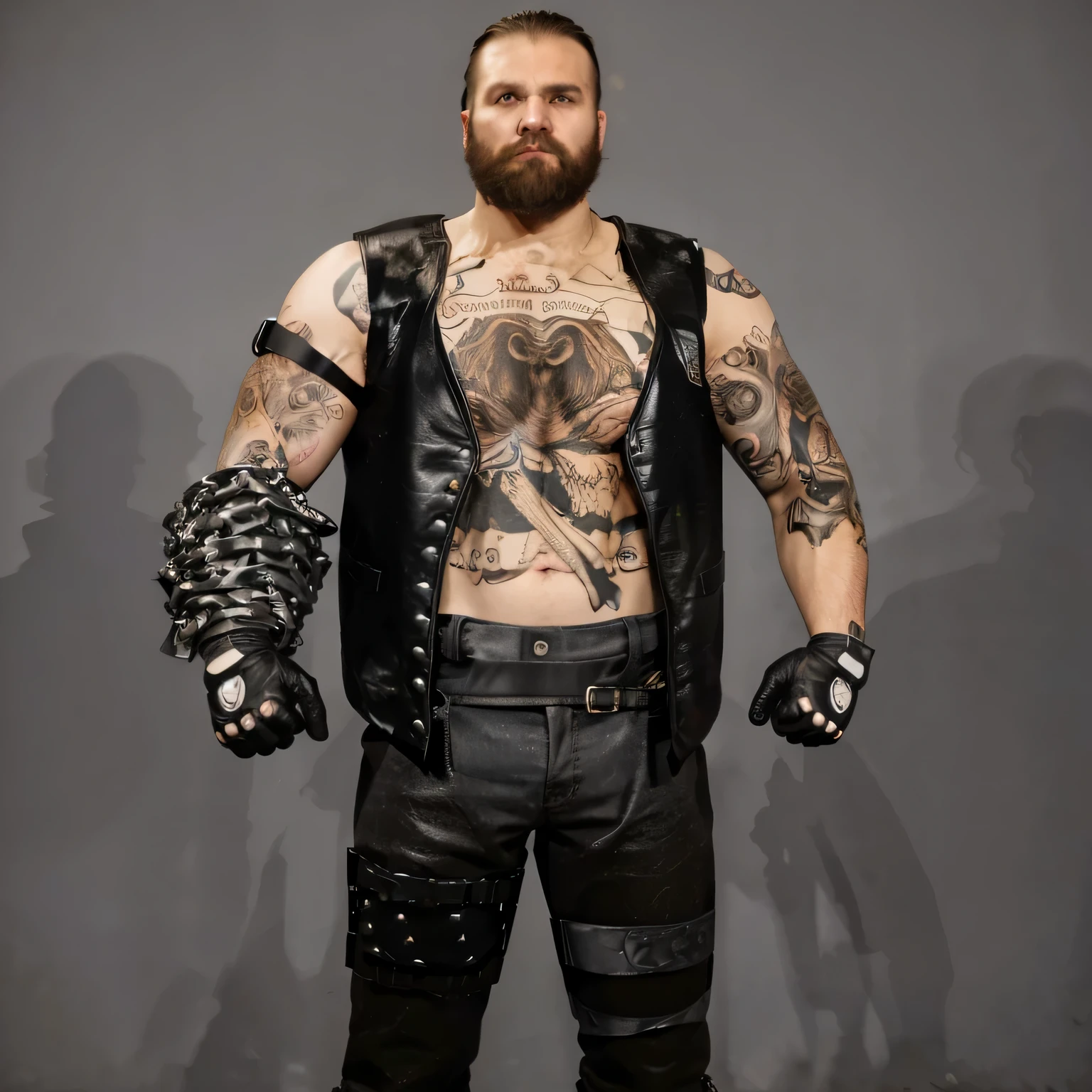 ((masterpiece, best quality)), man with a beard and leather vest and gloves, mechanic punk outfit, highly detailed character, male character, inspired by Volkan Baga, cinematic full character, unreal engine character art, strong fighter in leathers, technoviking male with no shirt, manly monster tough guy, rugged male ranger, full character body, bald male swashbuckler, photo realistic, intricate details