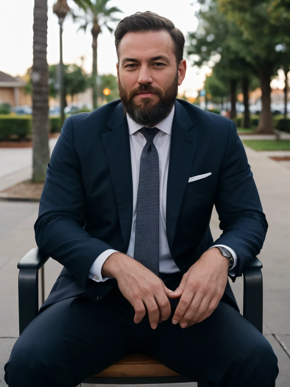 (RAW photo:1.2), a man wearing a business suit sitting outside, beard, tired, candid shot, best quality, 8k, uhd, photorealistic