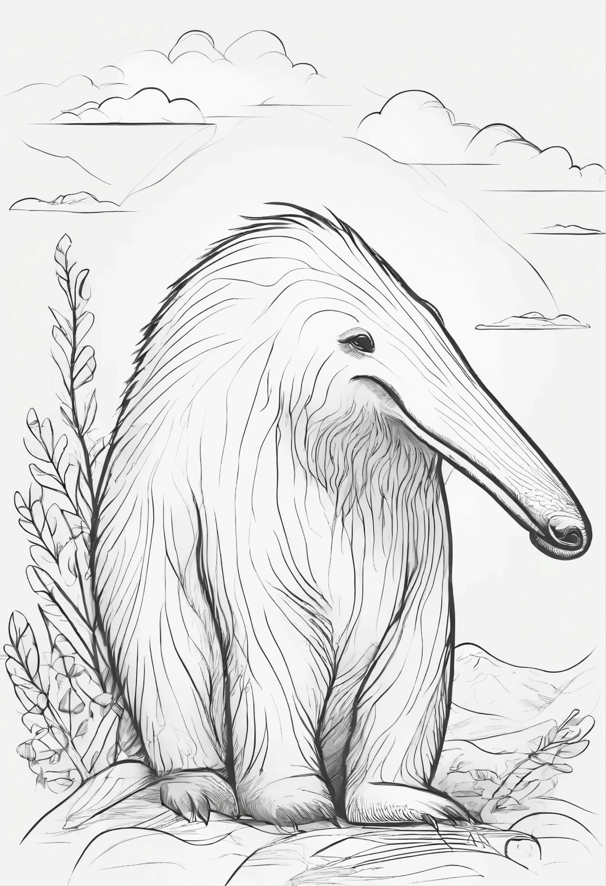 anteater full body, hand drawn, line art, coloring page, high quality
