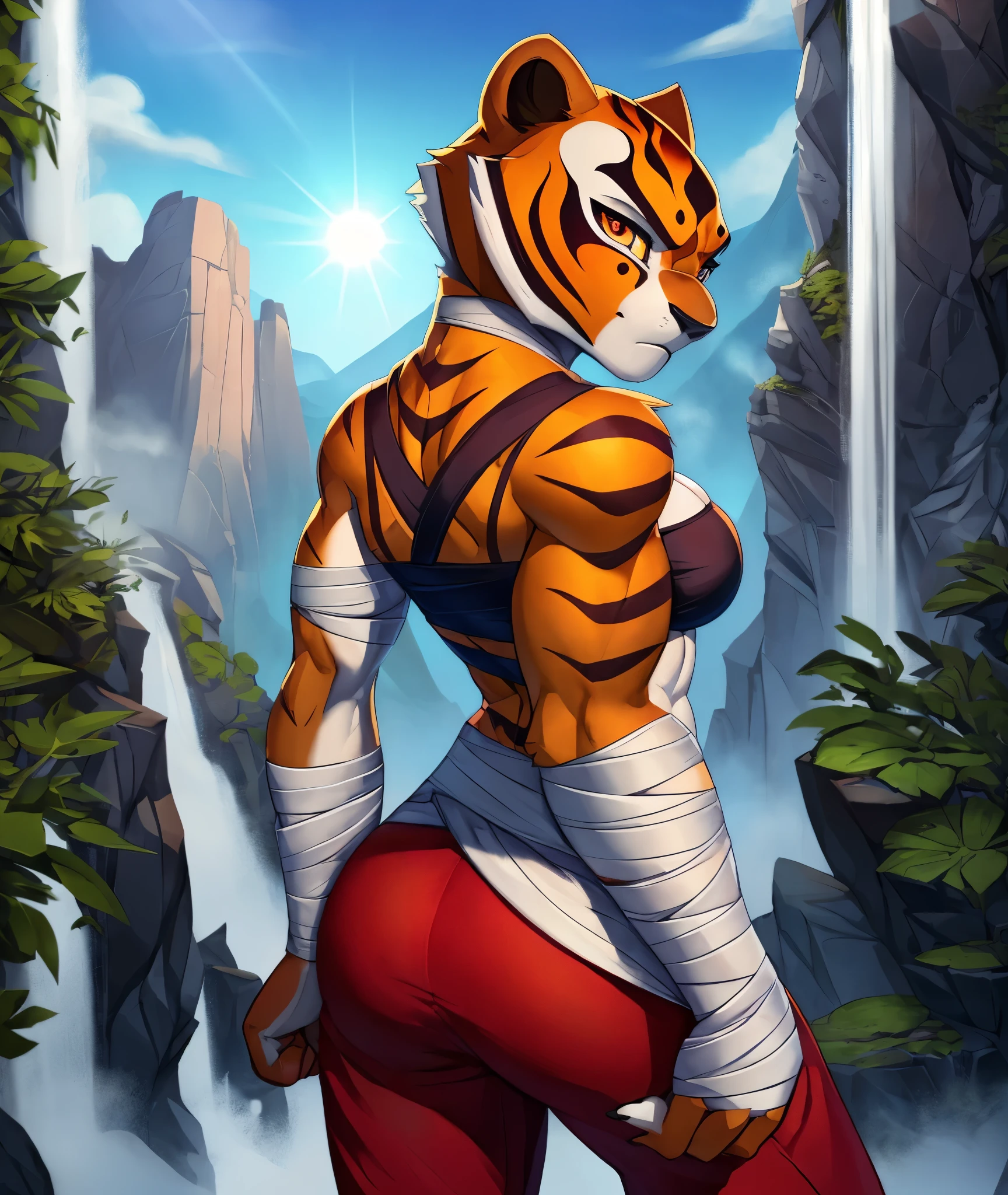 [Master Tigress], [Kung Fu Panda], ((masterpiece)), ((HD)), ((high res)), ((solo portrait)), ((bust portrait)), ((back view)), ((furry)), ((beautiful render art)), ((soft shading)), {tigress; (slim figure), (cute eyes), (detailed red iris), (curvy hips), (defined abs), (detailed muscles), (beautiful legs), (expressionless)}, {(wrapped in bandages), (bandage bandeau), (cleavage), (navel), (red kung fu pants)}, {(standing), (intimidating glare), (looking back at viewer)}, [Background; (mountains), (waterfall), (steam), (fog), (blue sky), (sun rays), (ambient lighting)]