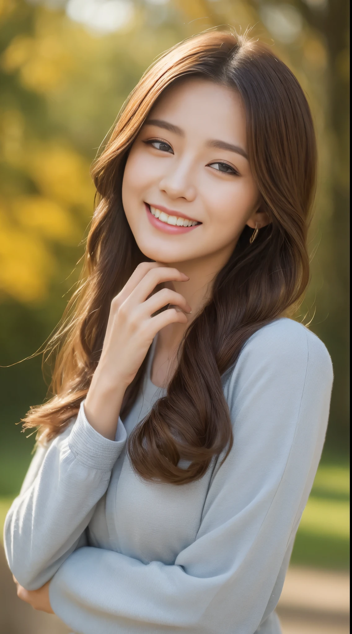 ((top-quality、8K、masterpiece:1.3))、1girl in、Slim Abs Beauty:1.3、(Hairstyle Casual、:1.2)、Autumn clothes、Super fine face、Delicat eyes、double eyelid、A smile