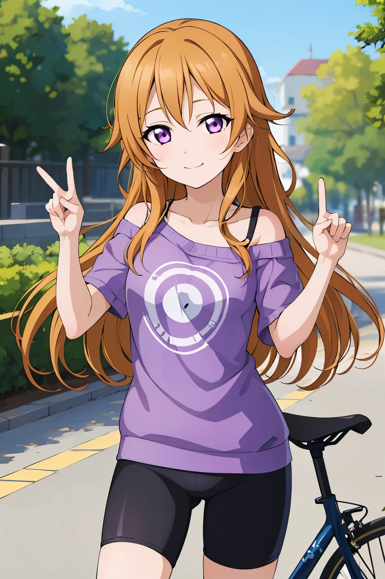(best quality, masterpiece:1.2), (1girl, solo:1.2), smile, detailed background, (looking at viewer, solo focus:1.2), 
Konoe kanata, long hair, straight hair, purple eyes, blonde hair, off shoulder, light purple shirt, t-shirt, short sleeves, standing, two peace sign, solo focus, bike shorts, black bike shorts, 