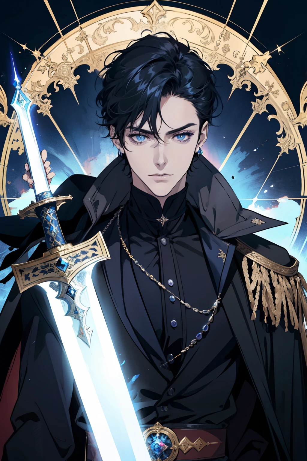 a close up of a person wearing a cape and a cape, wearing fantasy formal clothing, beautiful androgynous prince, ((wearing aristocrat robe)), delicate androgynous prince, regal dark blue clothes, silver brocaded dark blue clothes, costume with blue accents, dark ornate royal robes, imperial royal elegant clothing, elegant cape, royal cape, fur coat, black hair, blue eyes, absurderes，A high resolution，ultra - detailed），1 person，Adult，handsome，tall and muscular boy，a broad shouldered，detailed 25 year old male face, Fine and detailed eyes and detailed face，Short black hair，Onyx-colored eyes，fanciful，shadow effect, flame，Divine brilliance，Grand background，magia, warrior, holding a sword, sword