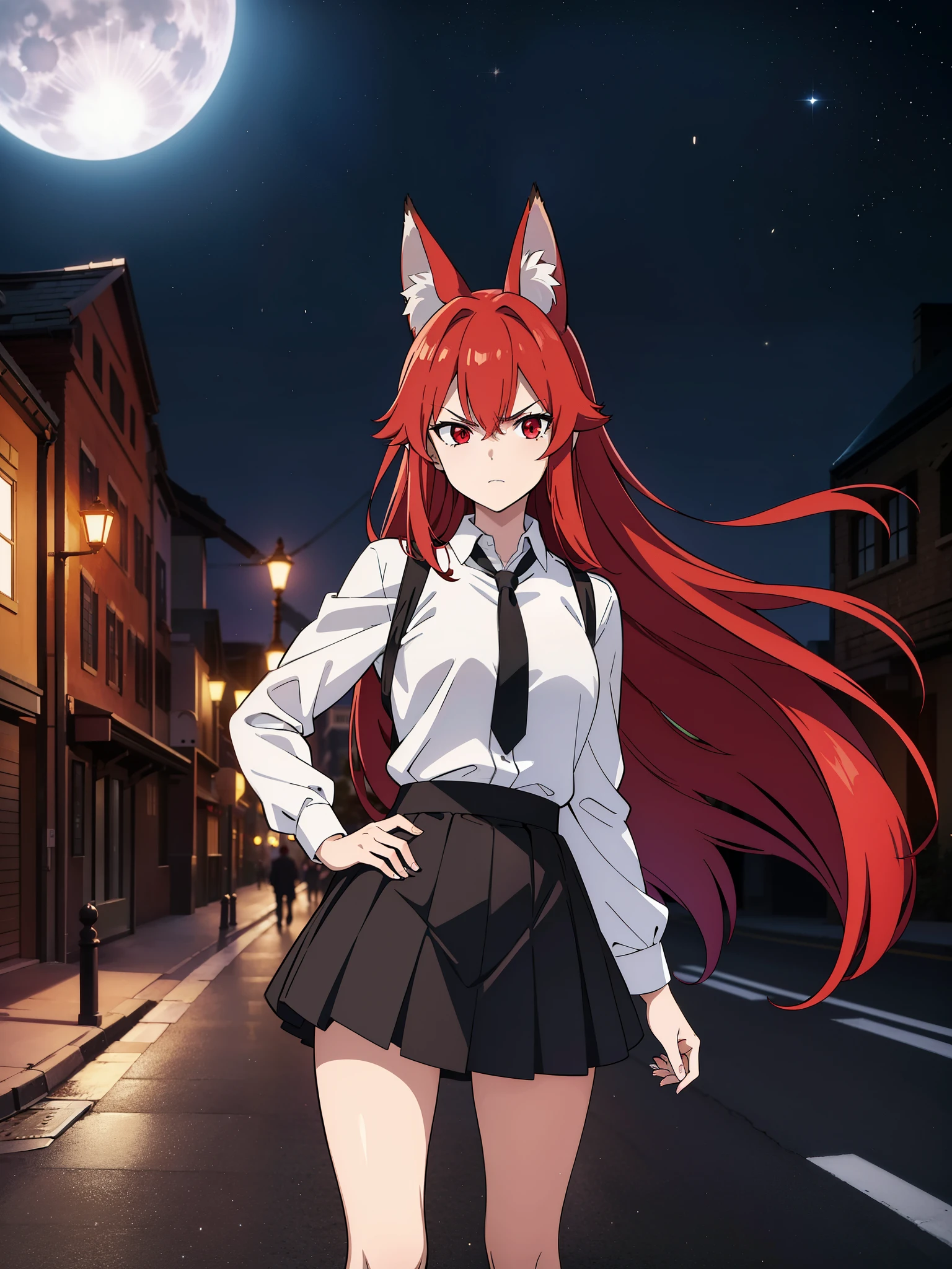 (masterpiece,8k),(1girl,20 years old),long hair,fox ears,red hair,(wlaking in a road in night city,moonlight),red eyes,angry,white shirt,black tie,black skirt