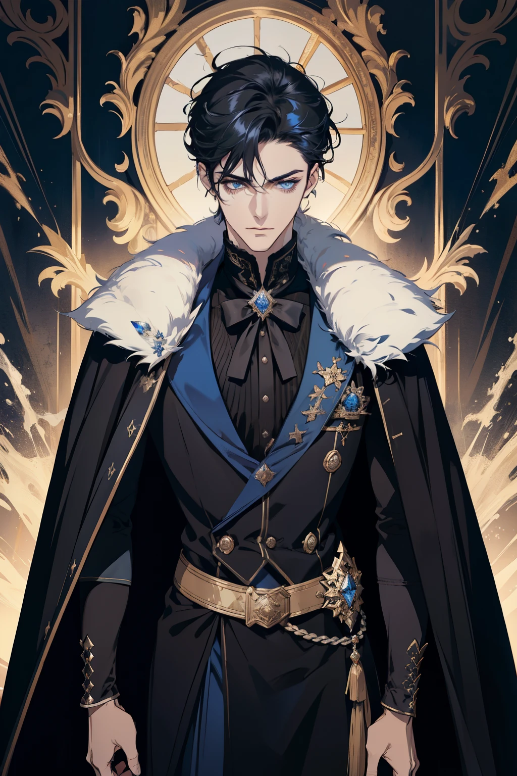a close up of a person wearing a cape and a cape, wearing fantasy formal clothing, beautiful androgynous prince, ((wearing aristocrat robe)), delicate androgynous prince, regal dark blue clothes, silver brocaded dark blue clothes, costume with blue accents, dark ornate royal robes, imperial royal elegant clothing, elegant cape, royal cape, fur coat, black hair, blue eyes, absurderes，A high resolution，ultra - detailed），1 person，Adult，handsome，tall and muscular boy，a broad shouldered，detailed 25 year old male face, Fine and detailed eyes and detailed face，Short black hair，Onyx-colored eyes，fanciful，shadow effect, flame，Divine brilliance，Grand background，magia, warrior, holding a sword, sword