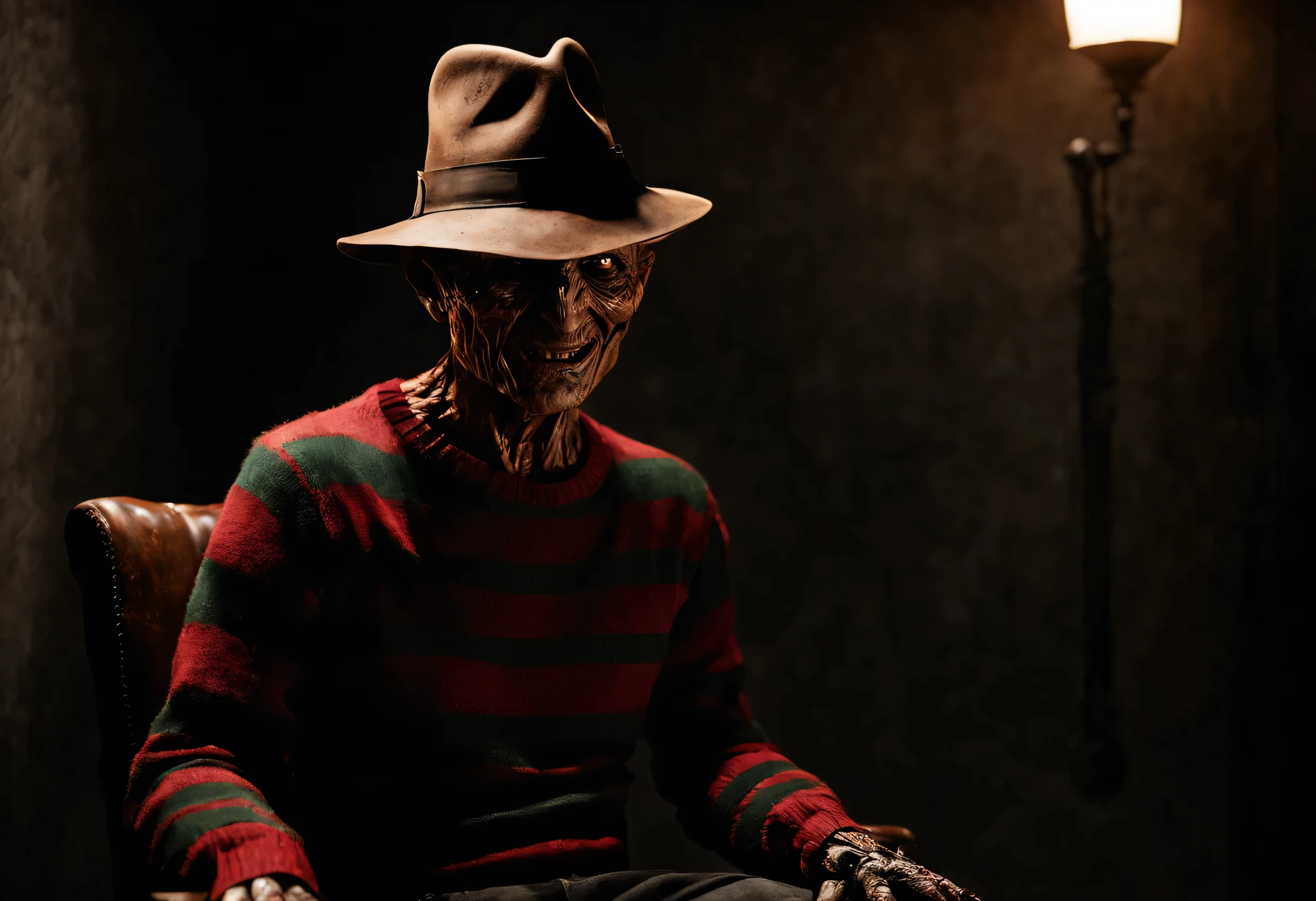 Describe a Freddy Krueger con su atuendo original., Sentado en un trono, Pensando en el futuro, spooky alley. (Calidad premium, 8K, 32k, Obra maestra, nffsw:1.3), (Ultra High Definition), (fotorrealista:1.4), raw photography, ojos perfectos, figura perfecta, action pose:1.2, Super detailed and realistic lights.. Su sombrero de ala ancha proyecta una sombra siniestra sobre su rostro quemado y desfigurado., mientras las afiladas hojas de sus dedos brillan con una luz siniestra. The air is thick with tension and palpable fear....., mientras Freddy mira hacia adelante con una sonrisa malvada, Ready to stalk his next victim in the dark....