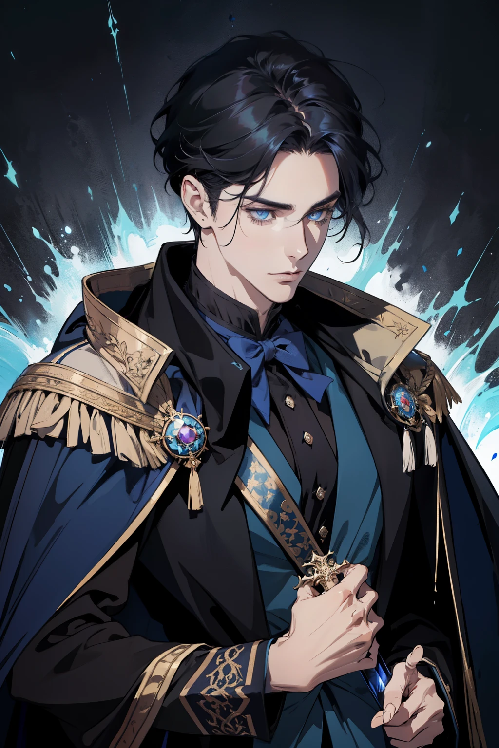 a close up of a person wearing a cape and a cape, wearing fantasy formal clothing, beautiful androgynous prince, ((wearing aristocrat robe)), delicate androgynous prince, regal dark blue clothes, silver brocaded dark blue clothes, costume with blue accents, dark ornate royal robes, imperial royal elegant clothing, elegant cape, royal cape, fur coat, black hair, blue eyes, absurderes,A high resolution,ultra - detailed),1 person,Adult,handsome,tall and muscular boy,a broad shouldered,detailed 25 year old male face, Fine and detailed eyes and detailed face,Short black hair,Onyx-colored eyes,fanciful,shadow effect, flame,Divine brilliance,Grand background,magia, warrior, holding a sword, sword