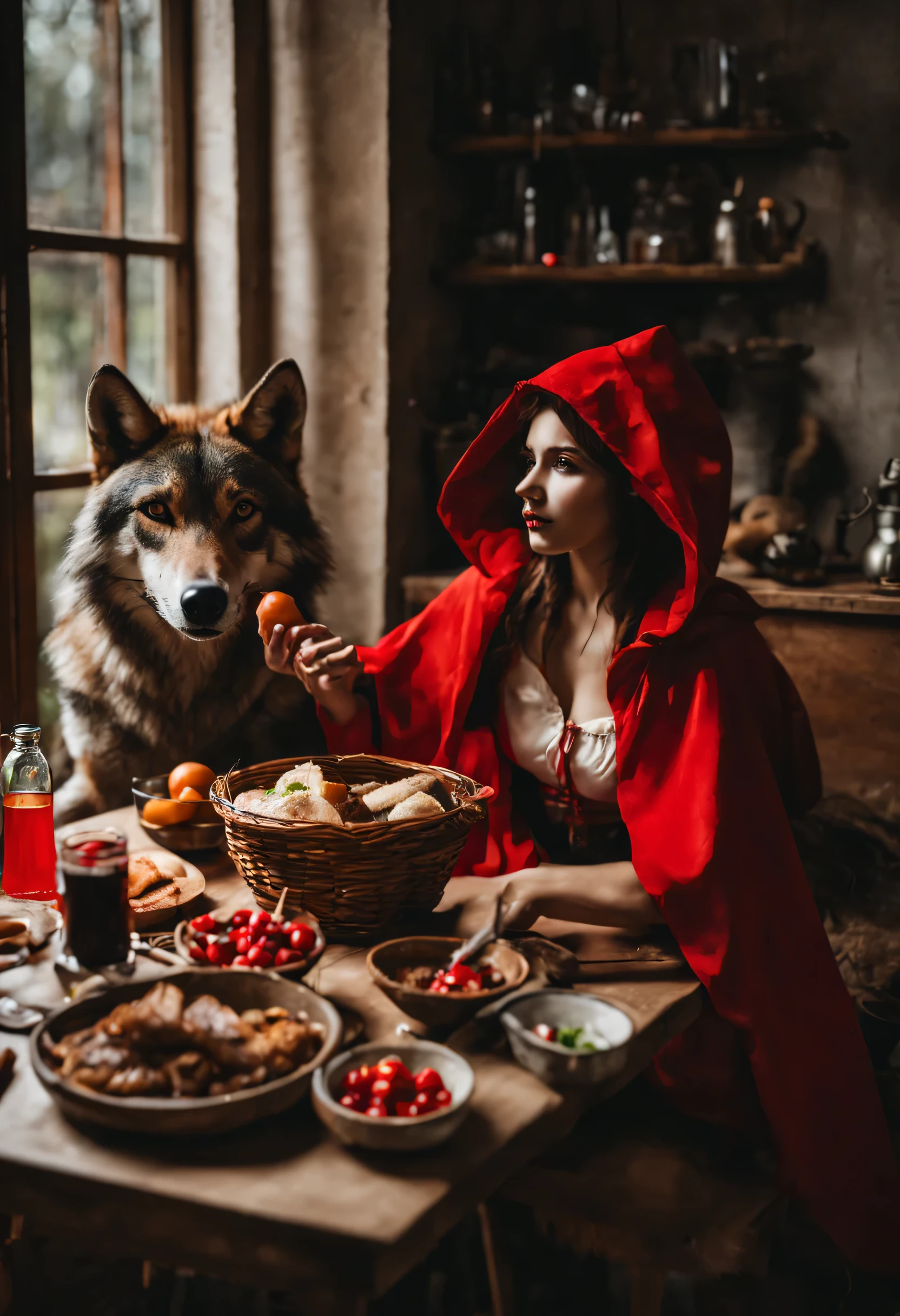red riding hood and a wolf sitting inside the house at a table with food and drinks, photography, raw style